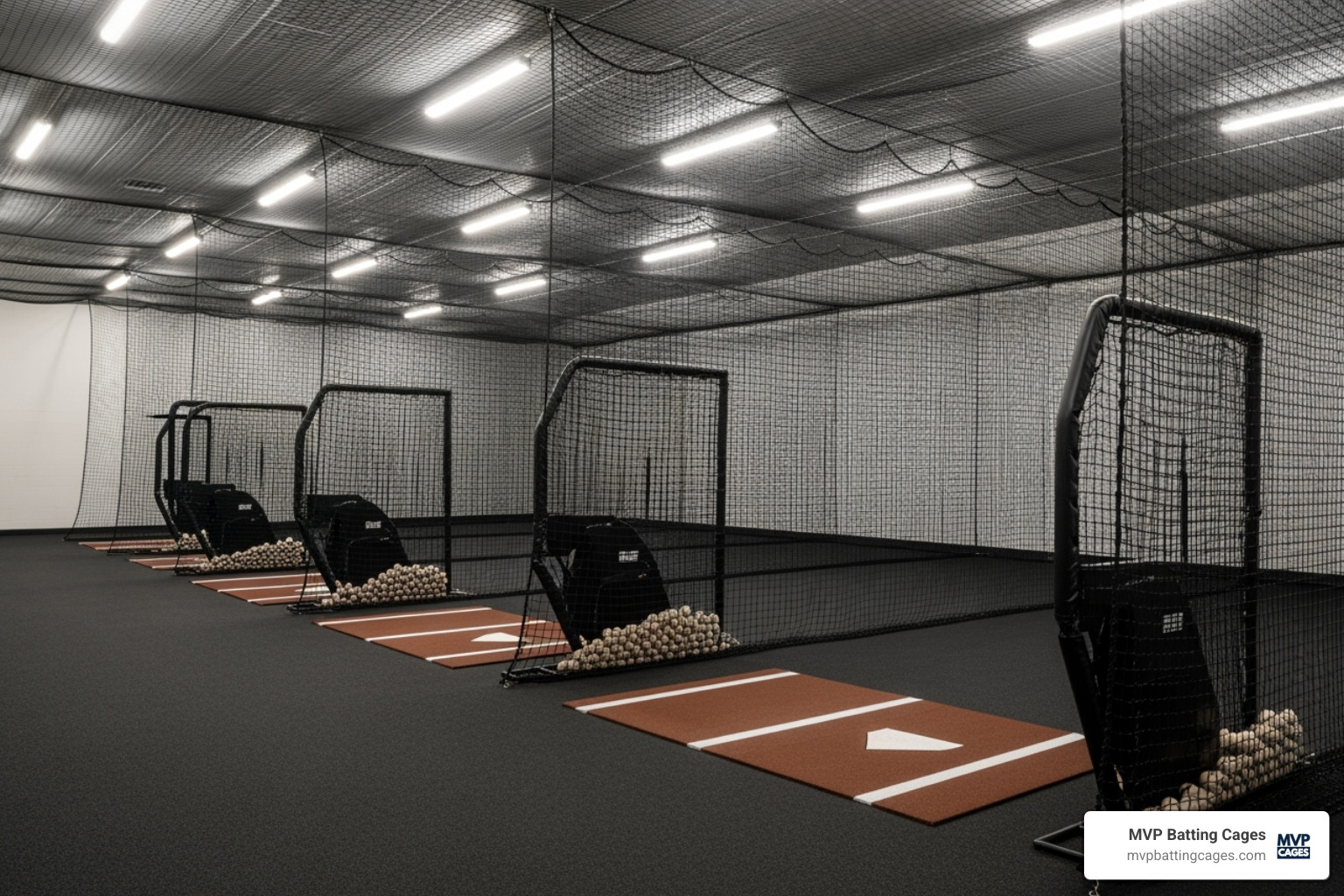 A clean, spacious indoor batting cage facility with multiple tunnels, well-lit and ready for practice. - softball pitching machines near me