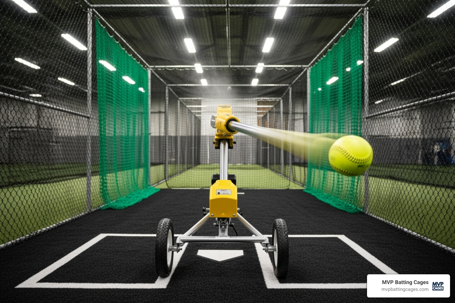 A three-wheel Jr Hack Attack pitching machine throwing a softball inside a batting cage, demonstrating its capability for varied pitches. - softball pitching machines near me