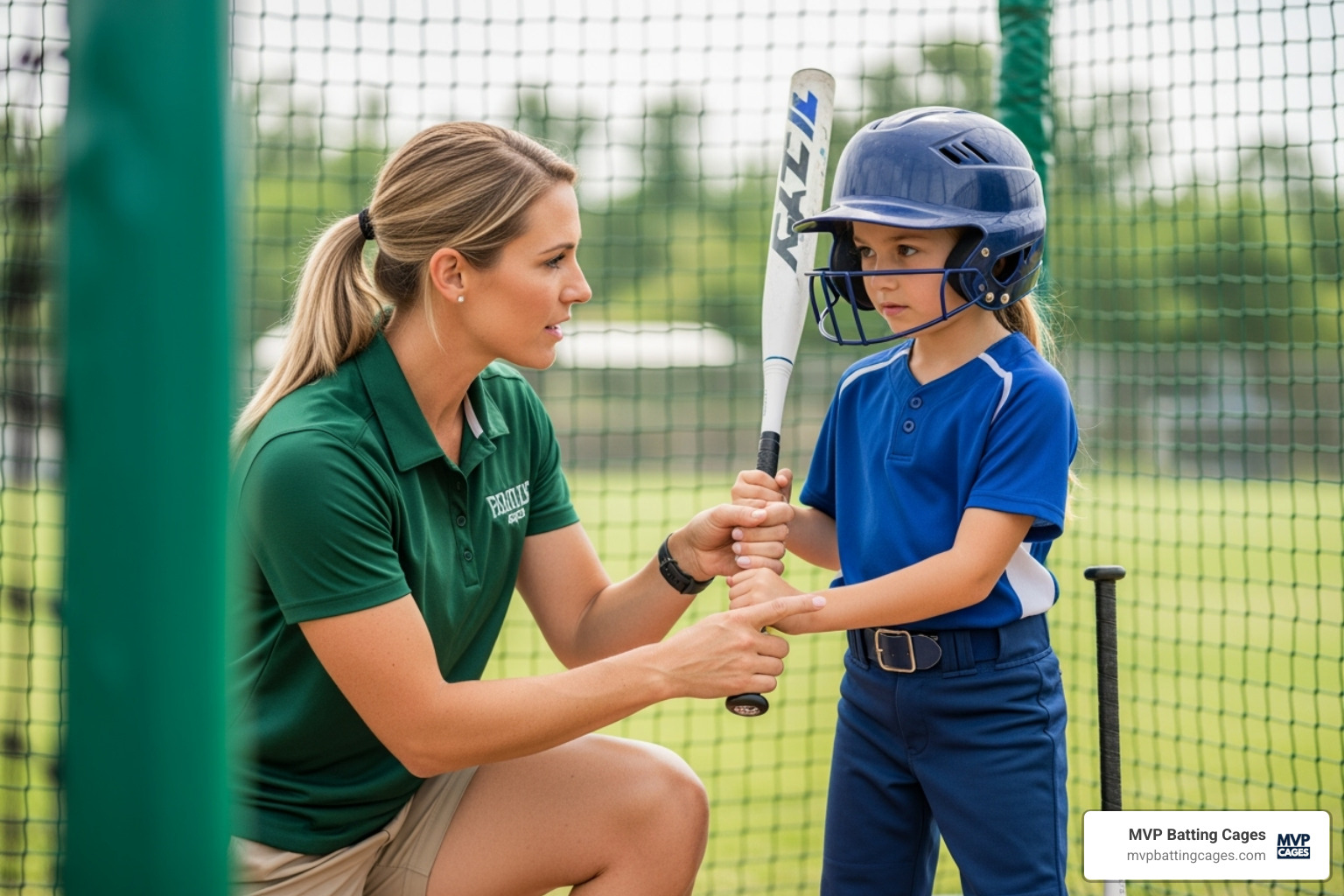 A coach giving a young softball player tips in a batting cage, demonstrating proper technique. - softball pitching machines near me