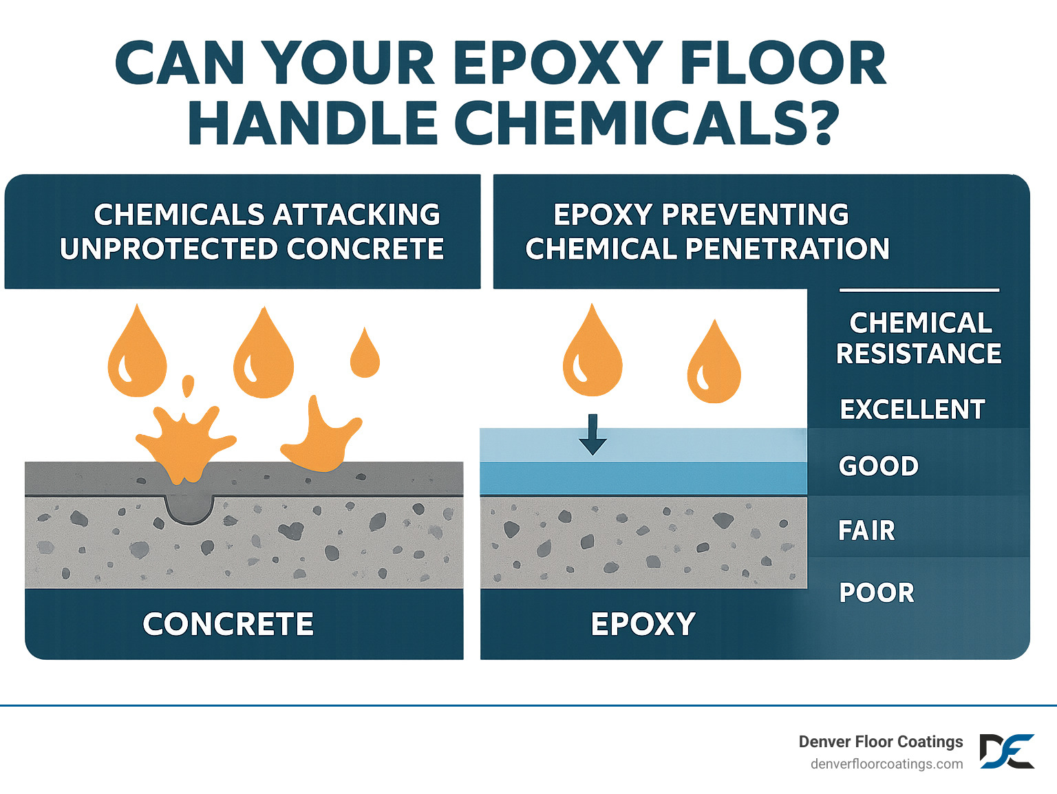 Detailed infographic showing how chemicals attack unprotected concrete versus how epoxy creates a seamless barrier that prevents penetration, includes cross-section diagrams and chemical resistance ratings - Epoxy floor chemical resistance infographic Detailed infographic showing how chemicals attack unprotected concrete versus how epoxy creates a seamless barrier that prevents penetration, includes cross-section diagrams and chemical resistance ratings - Epoxy floor chemical resistance infographic