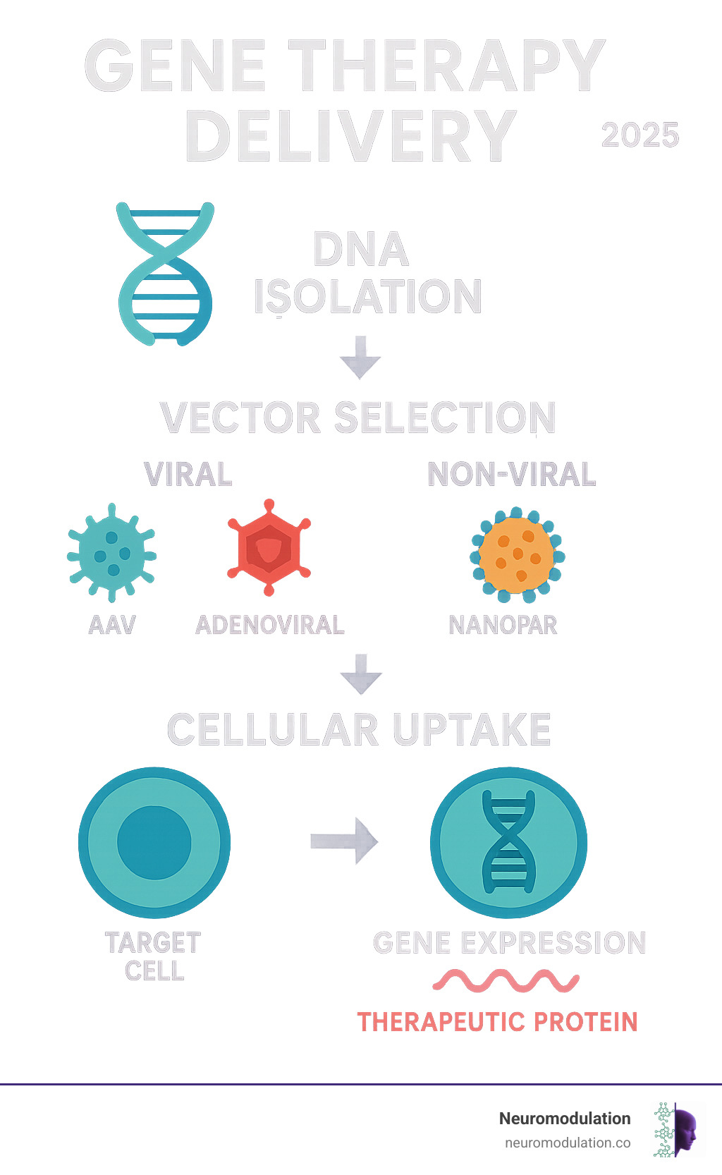 Comprehensive infographic showing the gene therapy delivery process from DNA isolation through vector selection (viral vs non-viral), cellular uptake mechanisms, gene expression, and therapeutic protein production, with specific examples of AAV, adenoviral, and lentiviral vectors and their target applications - Gene therapy delivery infographic Comprehensive infographic showing the gene therapy delivery process from DNA isolation through vector selection (viral vs non-viral), cellular uptake mechanisms, gene expression, and therapeutic protein production, with specific examples of AAV, adenoviral, and lentiviral vectors and their target applications - Gene therapy delivery infographic