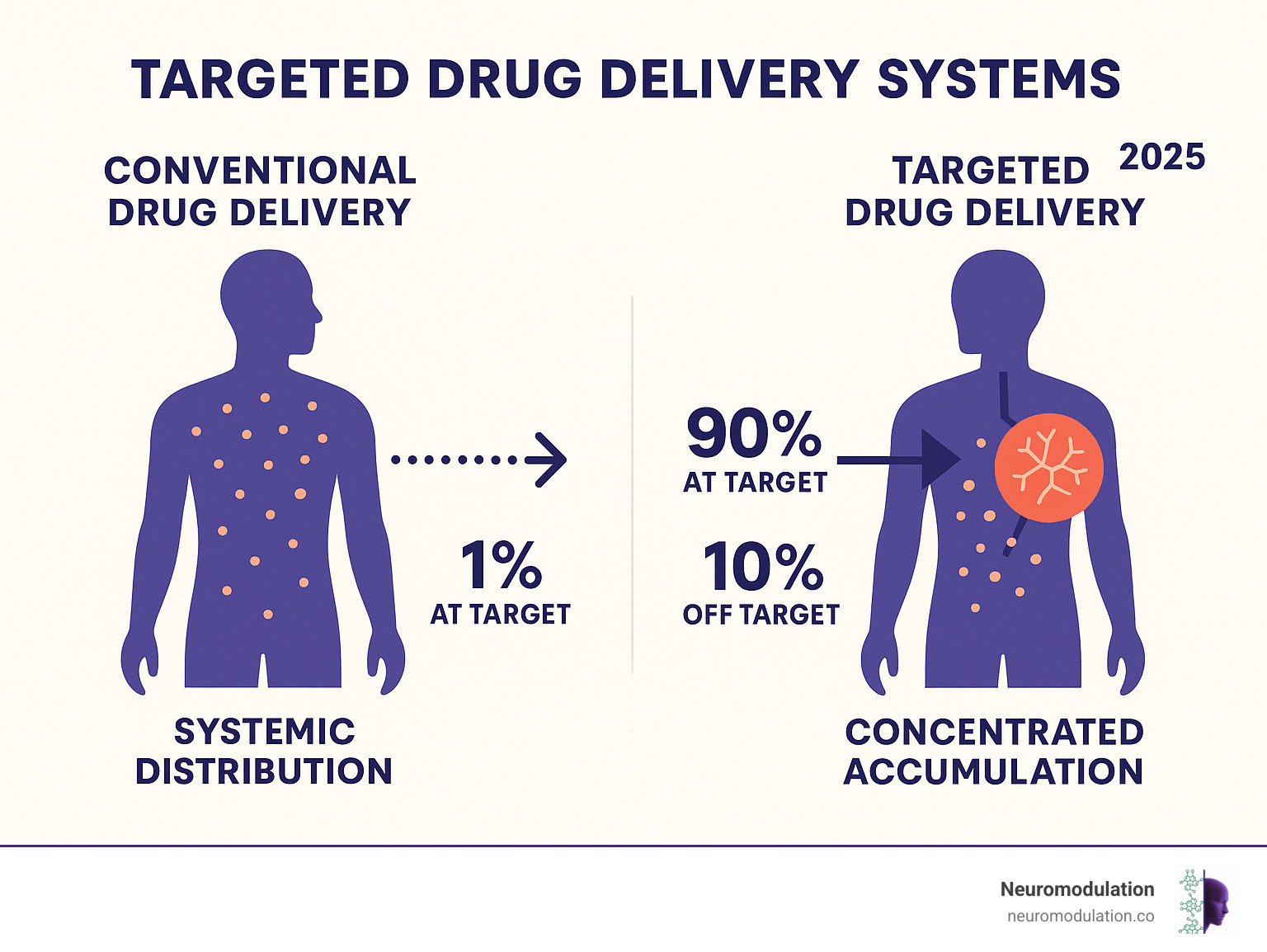 Infographic comparing conventional drug delivery showing systemic distribution throughout the body versus targeted drug delivery showing concentrated accumulation only at disease sites, with arrows indicating drug pathways and percentages showing drug concentration levels at target versus off-target locations - targeted drug delivery system infographic 