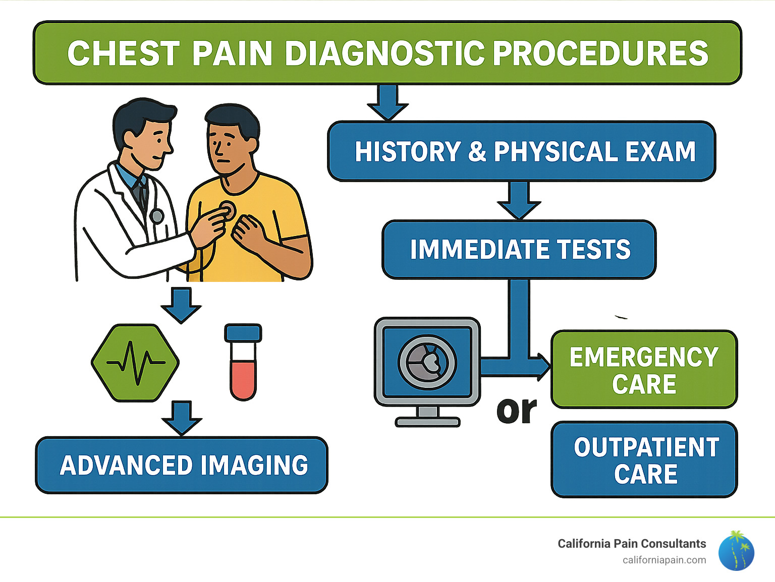 Infographic showing the systematic approach to chest pain evaluation, starting with patient history and physical exam, followed by immediate tests like ECG and blood work, then advanced imaging based on initial findings, with decision points for emergency vs outpatient care - chest pain diagnostic procedures infographic 