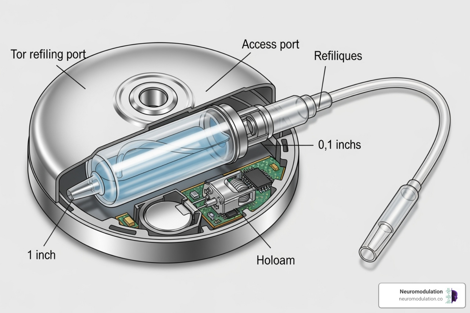 detailed diagram of the pump, reservoir, and catheter - Implantable drug pumps