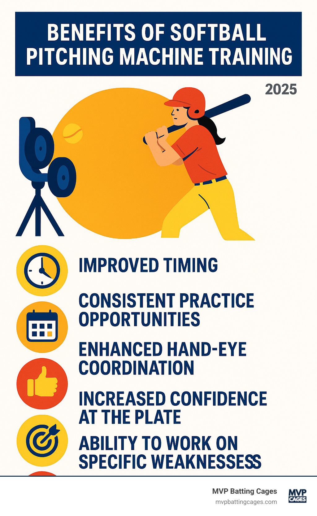 Benefits of softball pitching machine training including improved timing, consistent practice opportunities, improved hand-eye coordination, increased confidence at the plate, ability to work on specific weaknesses, and measurable skill progression - softball pitching machines near me infographic 