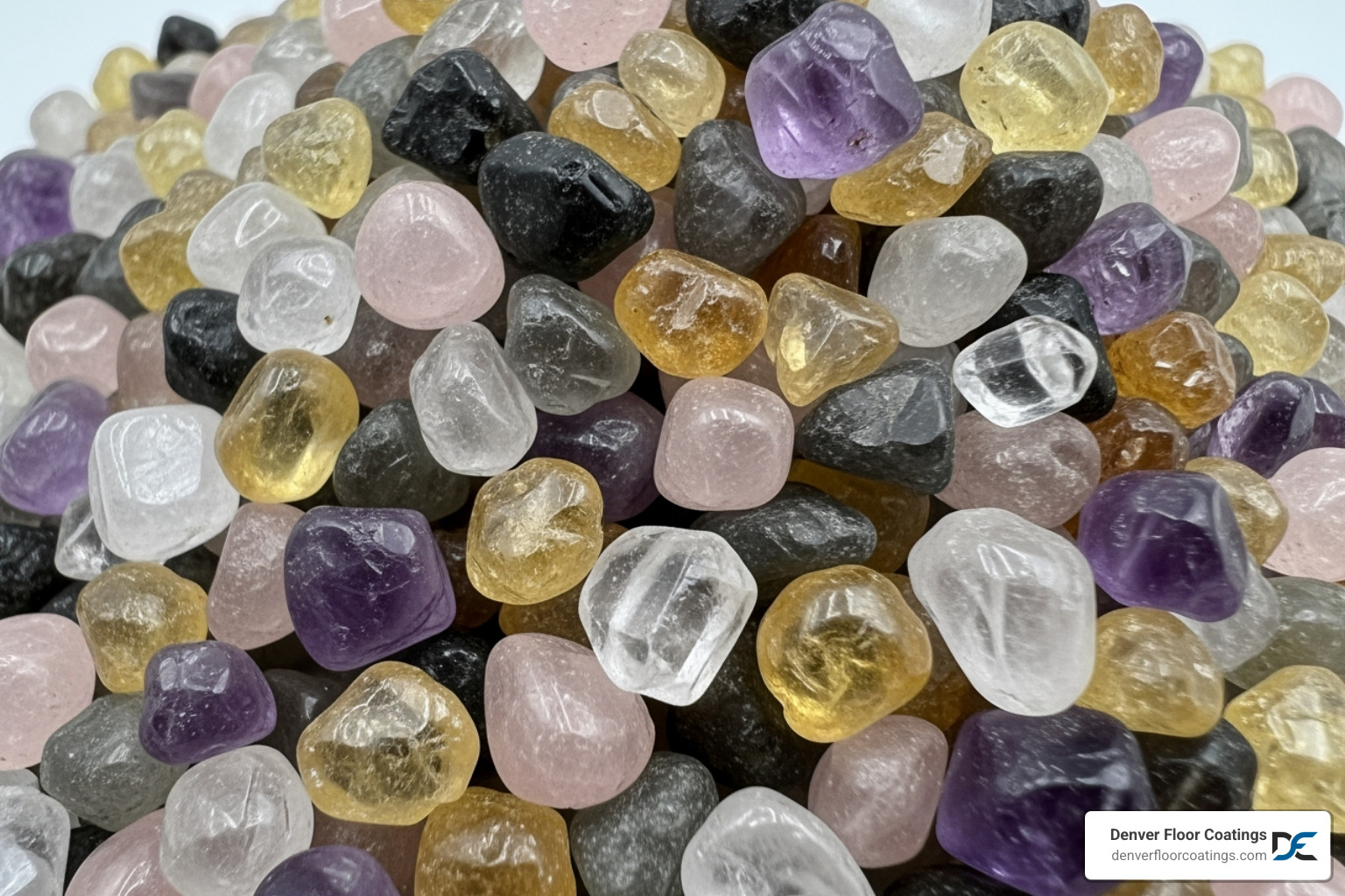 colored quartz granules in a pile - quartz filled epoxy floors