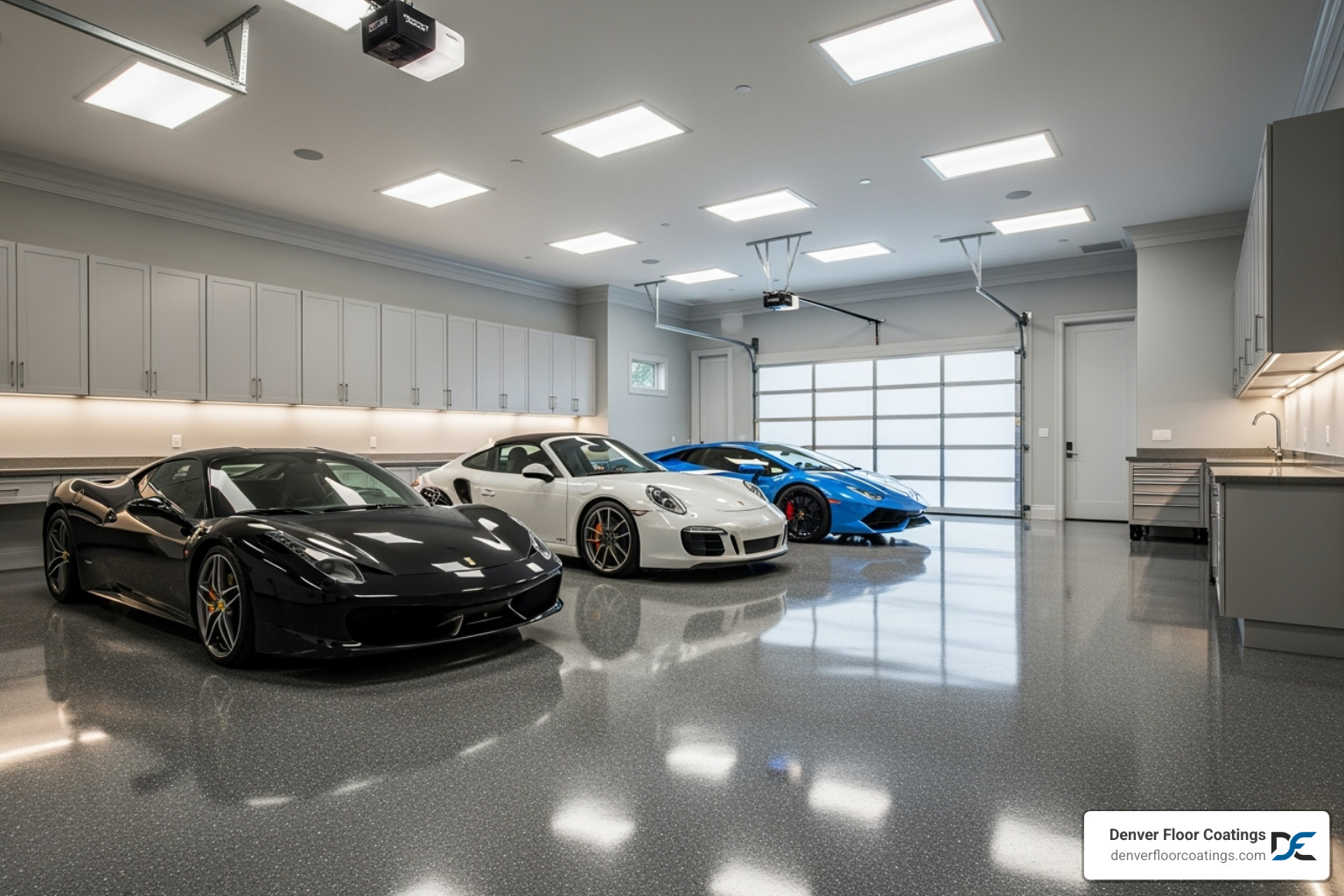 a high-end residential garage with a quartz epoxy floor - quartz filled epoxy floors