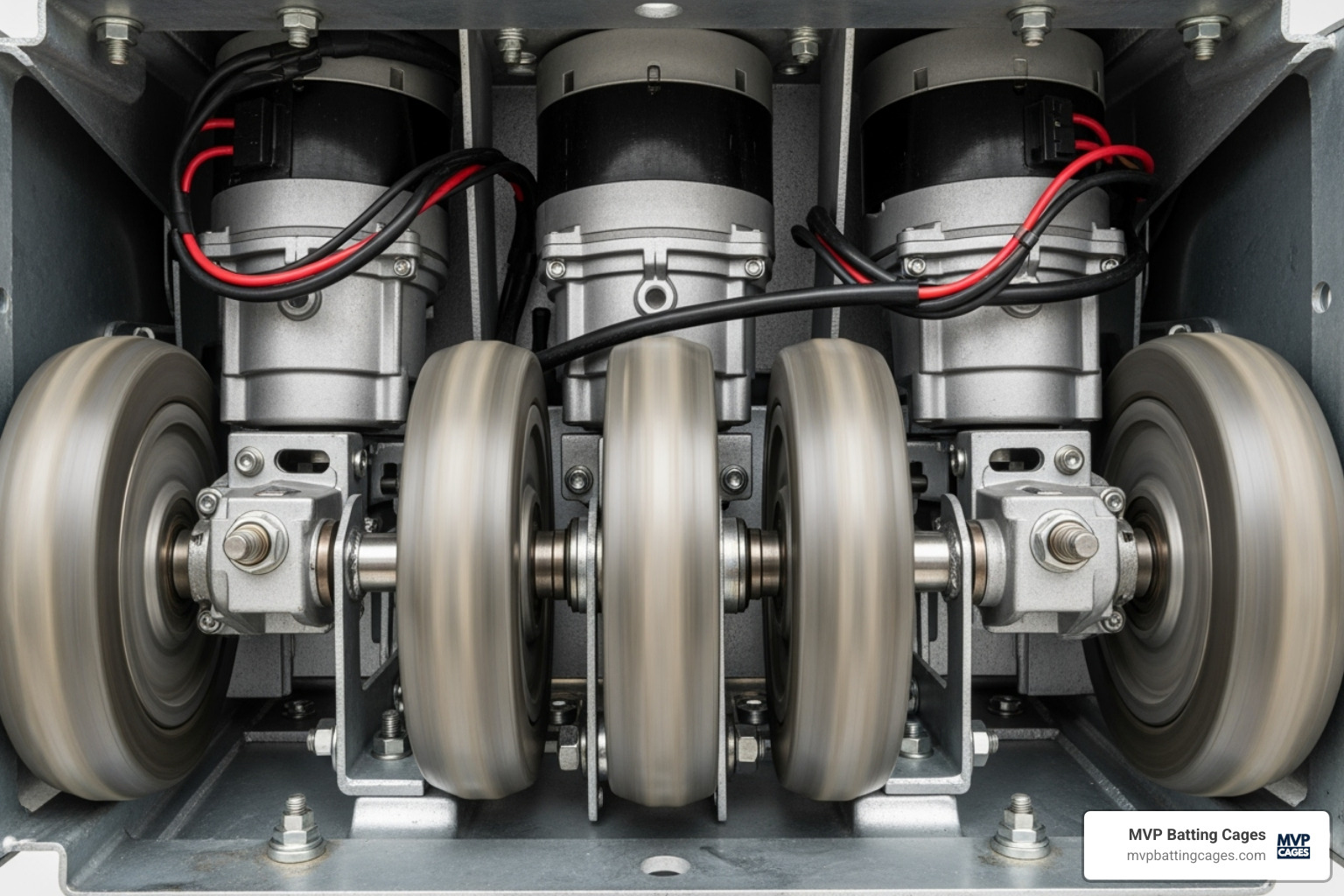 internal components of a three-wheel pitching machine, showing the motors and wheels - baseball pitching machines