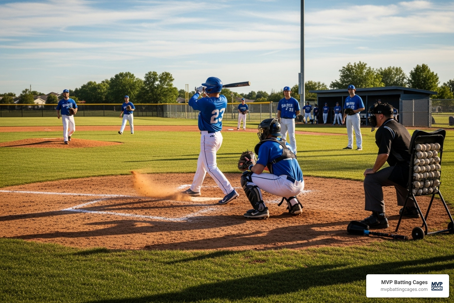 team practicing with a pitching machine in the background - baseball pitching machines