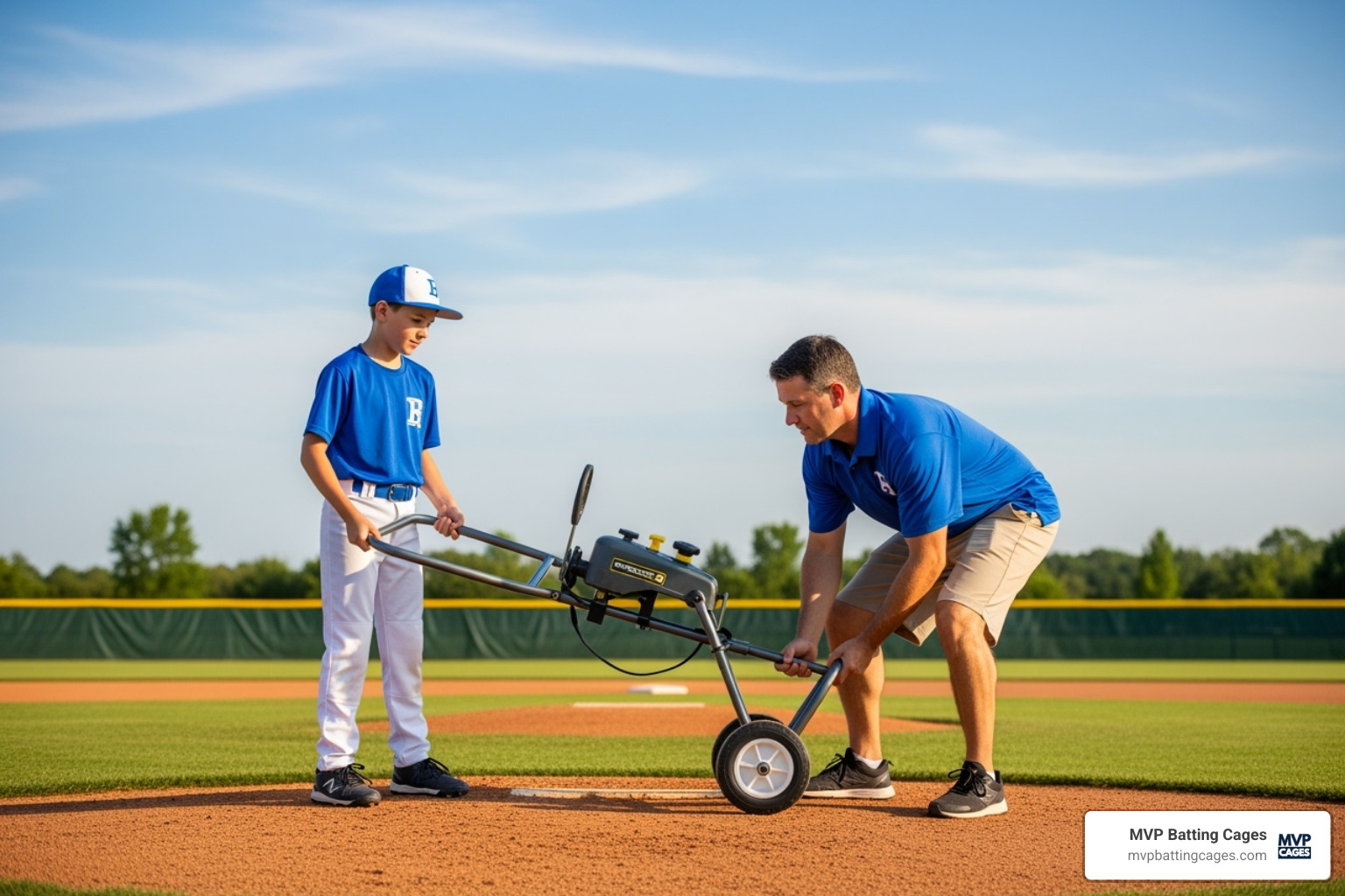 youth player and a coach setting up a portable pitching machine on a field - baseball pitching machines