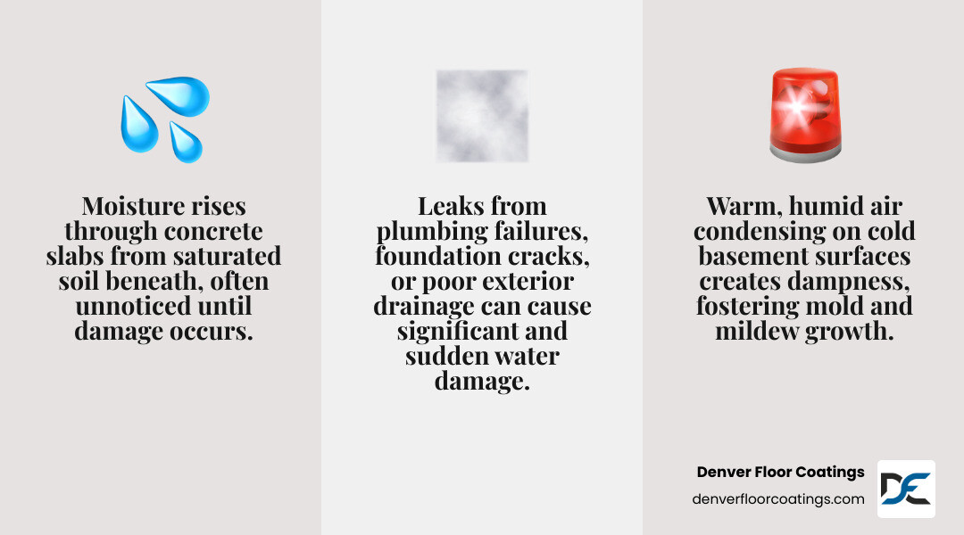 Infographic showing three primary sources of basement moisture: ground-up seepage through concrete slab with water droplets rising from below, condensation forming on cold surfaces with temperature differential arrows, and water leaks from above including plumbing and foundation cracks with directional water flow indicators - best floor covering for wet basement infographic 3_facts_emoji_grey