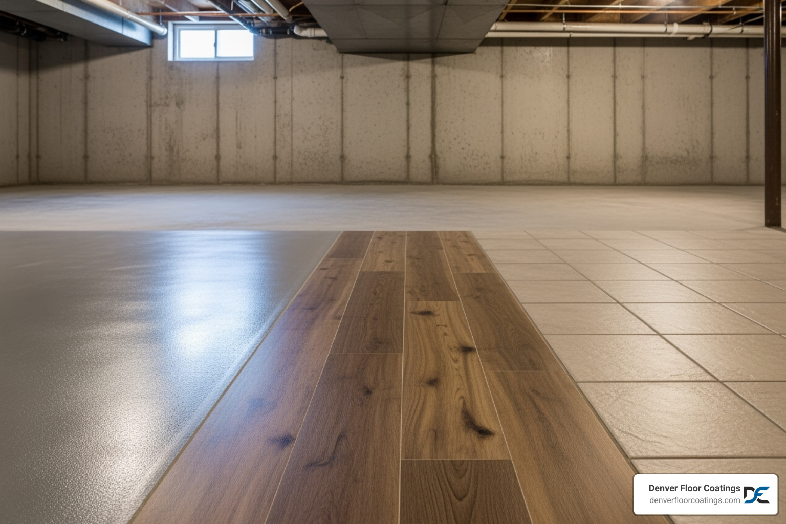 side-by-side comparison of different flooring samples like coated concrete, LVP, and tile - best floor covering for wet basement