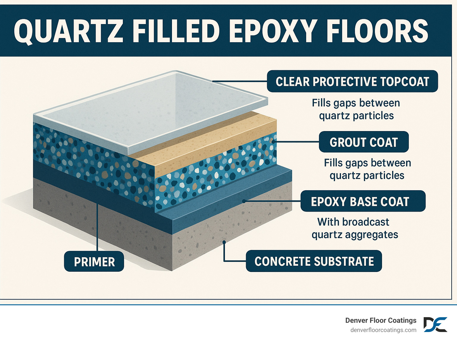 Detailed cross-section diagram showing the complete structure of a quartz filled epoxy floor system, including the concrete substrate at the bottom, primer layer, epoxy base coat with broadcast quartz aggregates embedded throughout, grout coat filling gaps between quartz particles, and final clear protective topcoat on top, with labels indicating each layer and their functions - quartz filled epoxy floors infographic 