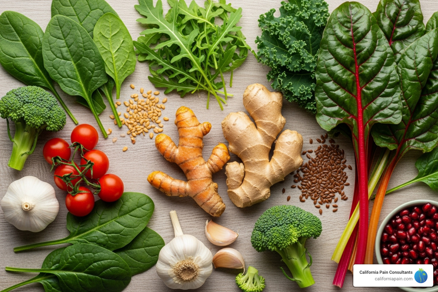 Healthy anti-inflammatory foods like turmeric, ginger, and leafy greens - non-surgical knee pain