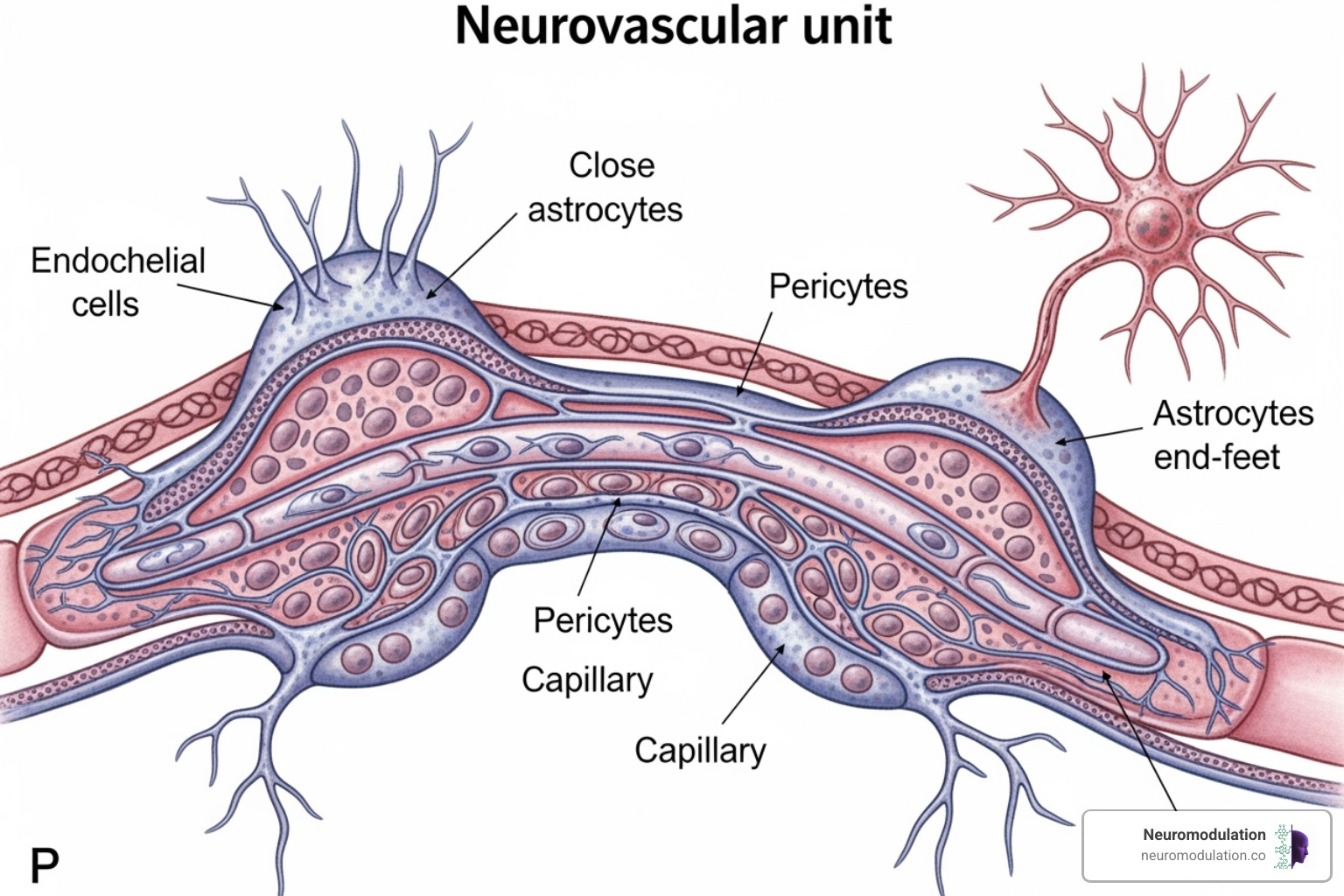Illustration of the Neurovascular Unit showing the intricate interplay between endothelial cells, pericytes, astrocytes, and neurons, detailing their anatomical connections and functional roles in maintaining the blood-brain barrier - BBB drug delivery Illustration of the Neurovascular Unit showing the intricate interplay between endothelial cells, pericytes, astrocytes, and neurons, detailing their anatomical connections and functional roles in maintaining the blood-brain barrier - BBB drug delivery