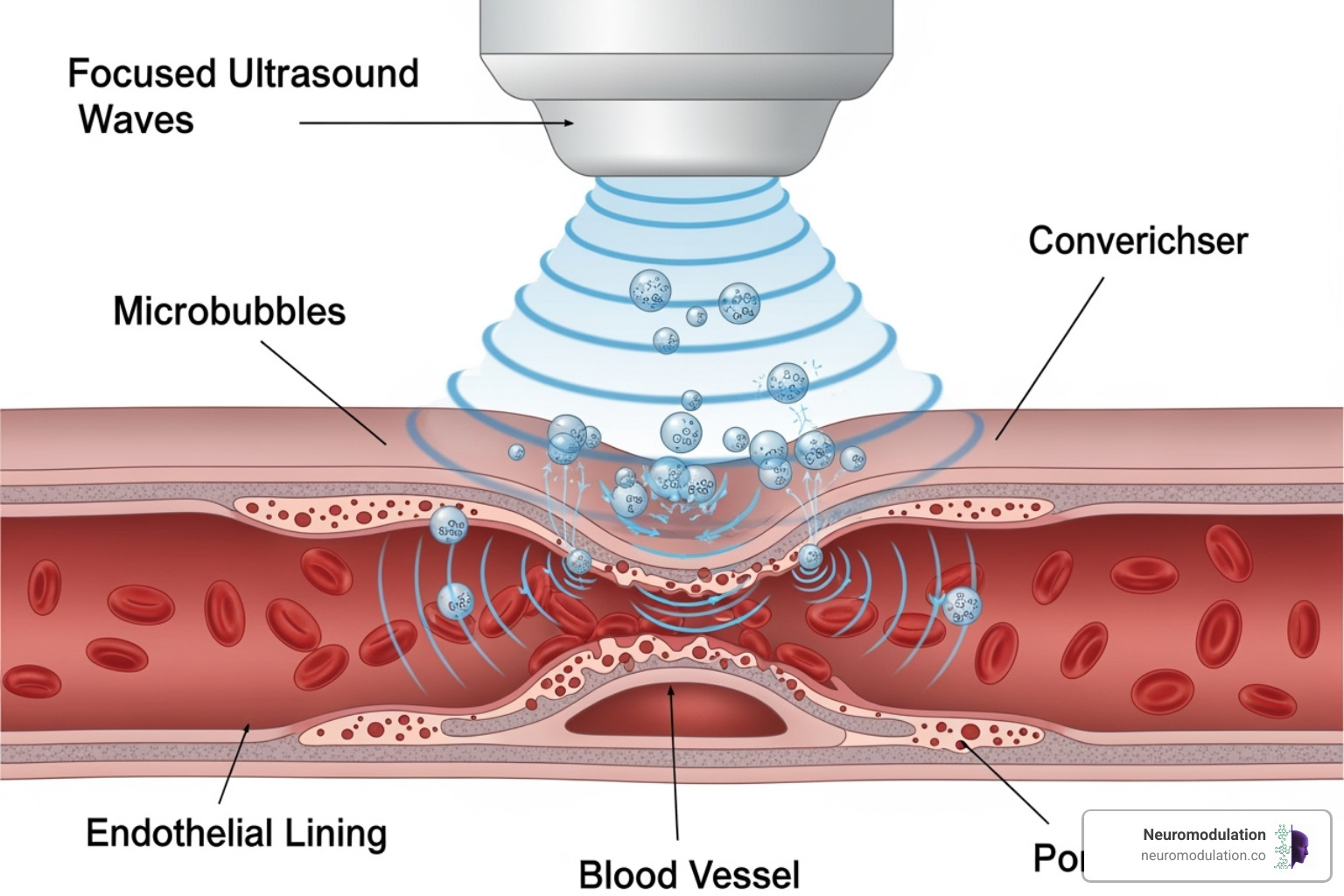 Diagram illustrating the mechanism of focused ultrasound for temporary blood-brain barrier opening, showing microbubbles interacting with the endothelial lining under ultrasound stimulation to create transient pores - BBB drug delivery Diagram illustrating the mechanism of focused ultrasound for temporary blood-brain barrier opening, showing microbubbles interacting with the endothelial lining under ultrasound stimulation to create transient pores - BBB drug delivery
