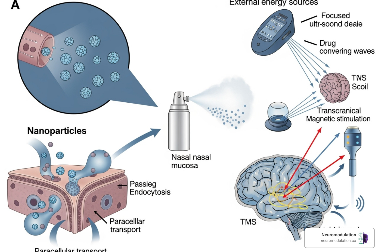 Conceptual illustration showing various strategies for BBB drug delivery, including nanoparticles crossing the barrier, intranasal administration, and targeted external stimuli - BBB drug delivery Conceptual illustration showing various strategies for BBB drug delivery, including nanoparticles crossing the barrier, intranasal administration, and targeted external stimuli - BBB drug delivery