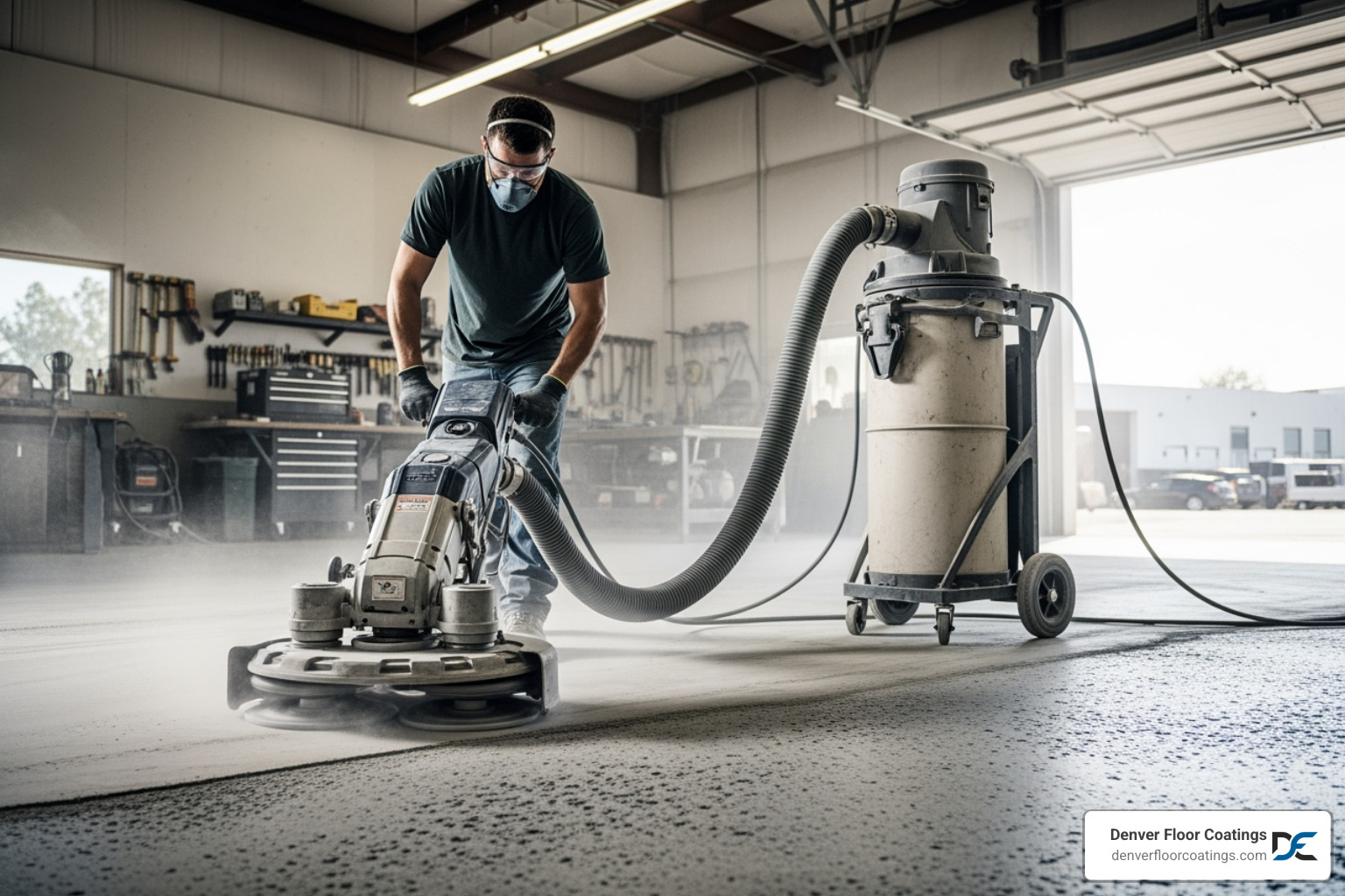 professional using a diamond grinder for surface preparation - Polyaspartic floor coating services