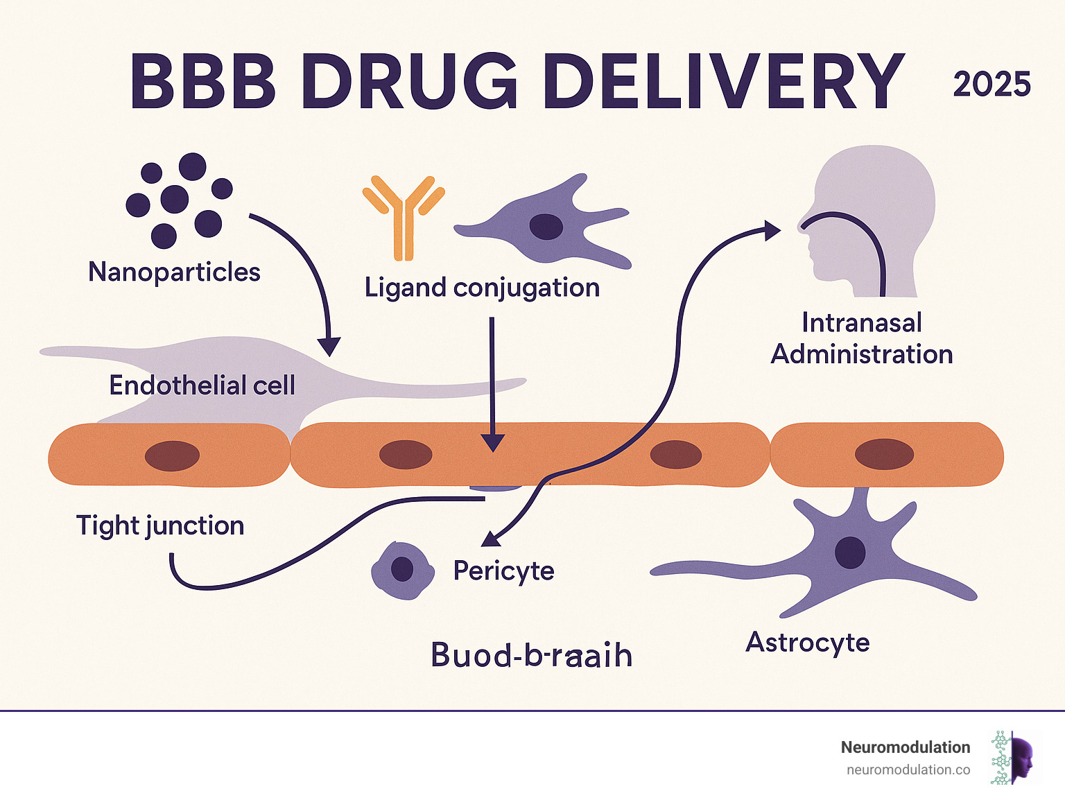 Comprehensive BBB drug delivery infographic showing the blood-brain barrier structure with endothelial cells, tight junctions, astrocytes, and pericytes, alongside various delivery strategies including nanoparticles, ligand conjugation, intranasal administration, and external stimuli modulation with arrows indicating drug transport pathways - BBB drug delivery infographic Comprehensive BBB drug delivery infographic showing the blood-brain barrier structure with endothelial cells, tight junctions, astrocytes, and pericytes, alongside various delivery strategies including nanoparticles, ligand conjugation, intranasal administration, and external stimuli modulation with arrows indicating drug transport pathways - BBB drug delivery infographic