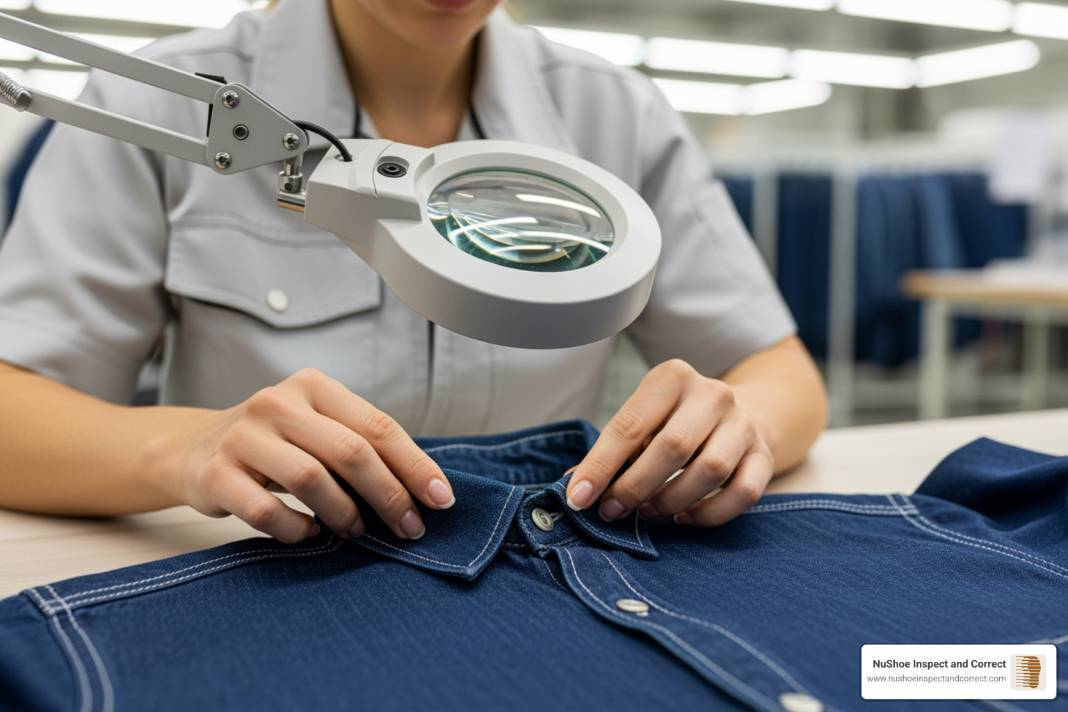 Quality inspector examining garment stitching - apparel quality control india Quality inspector examining garment stitching - apparel quality control india