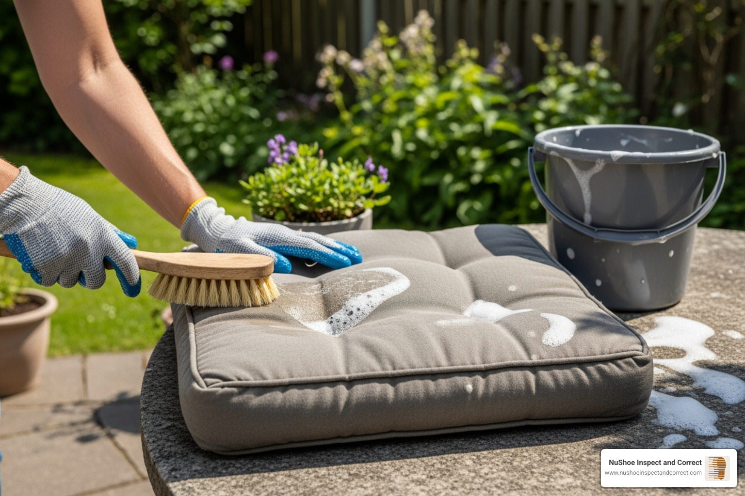 Someone cleaning an outdoor cushion with a brush - fabric mold removal