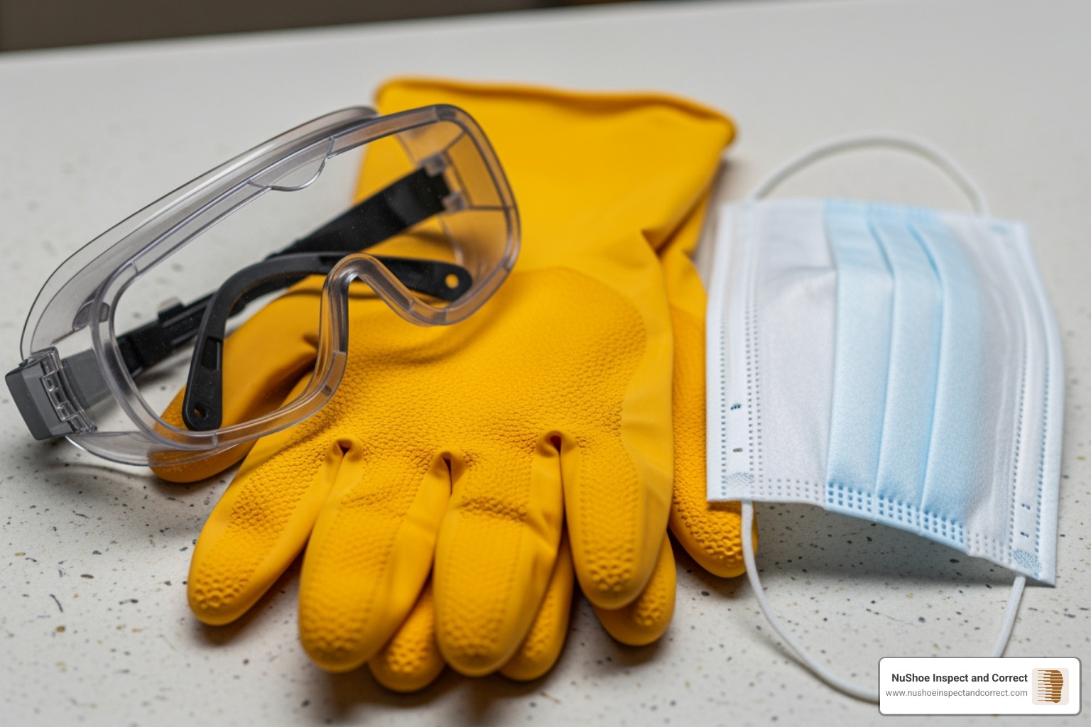 Safety gear including gloves, a mask, and goggles - fabric mold removal
