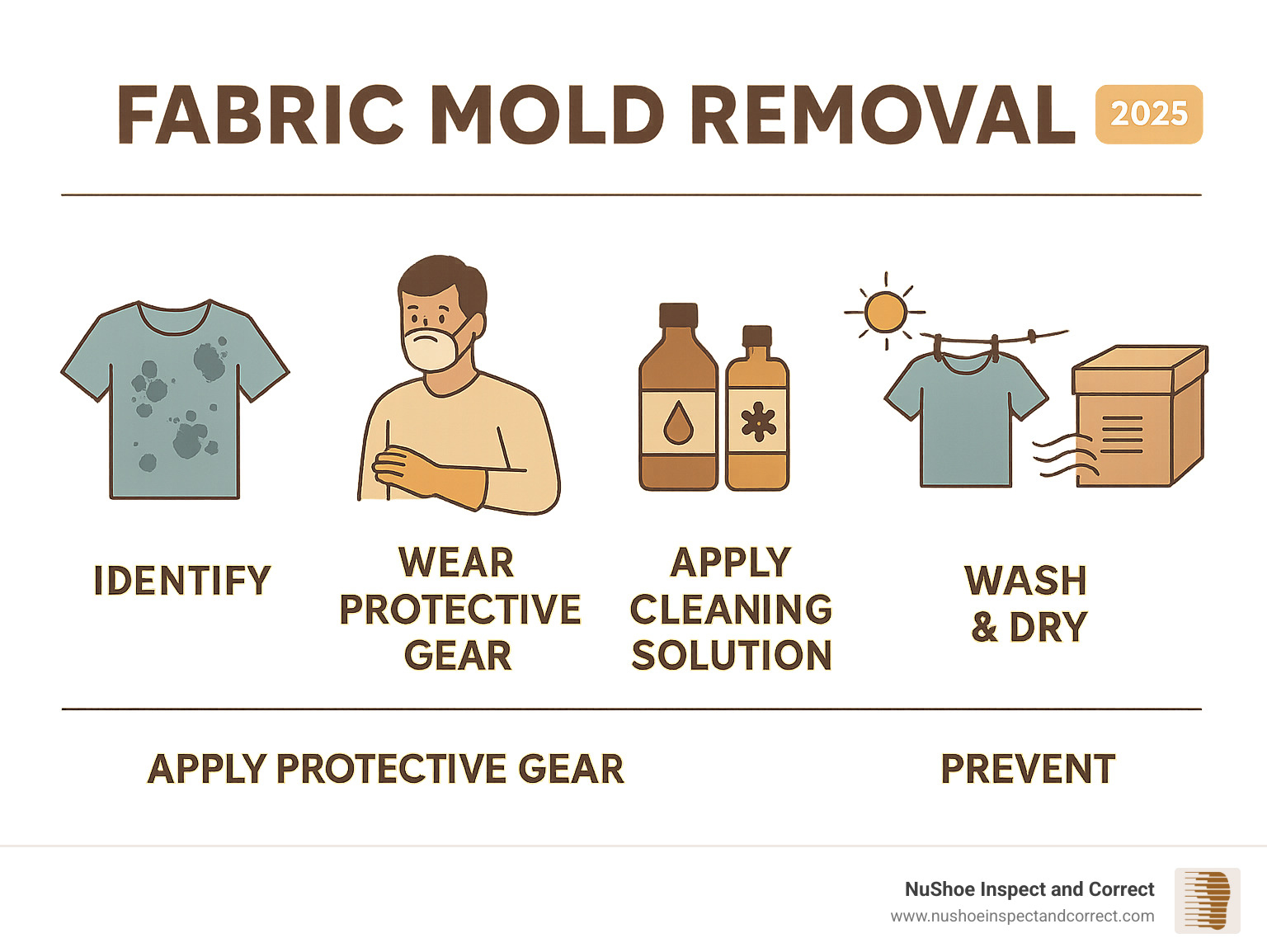 Comprehensive infographic showing the fabric mold removal process from identification through prevention, including safety equipment, cleaning solutions, washing procedures, and storage best practices - fabric mold removal infographic 