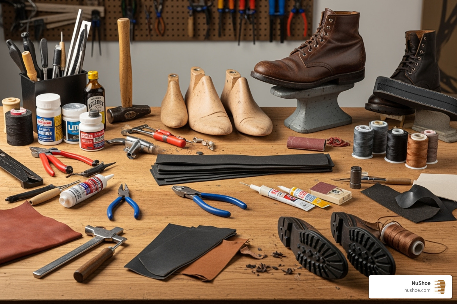 DIY workstation with all necessary tools and materials laid out - boot heels repair