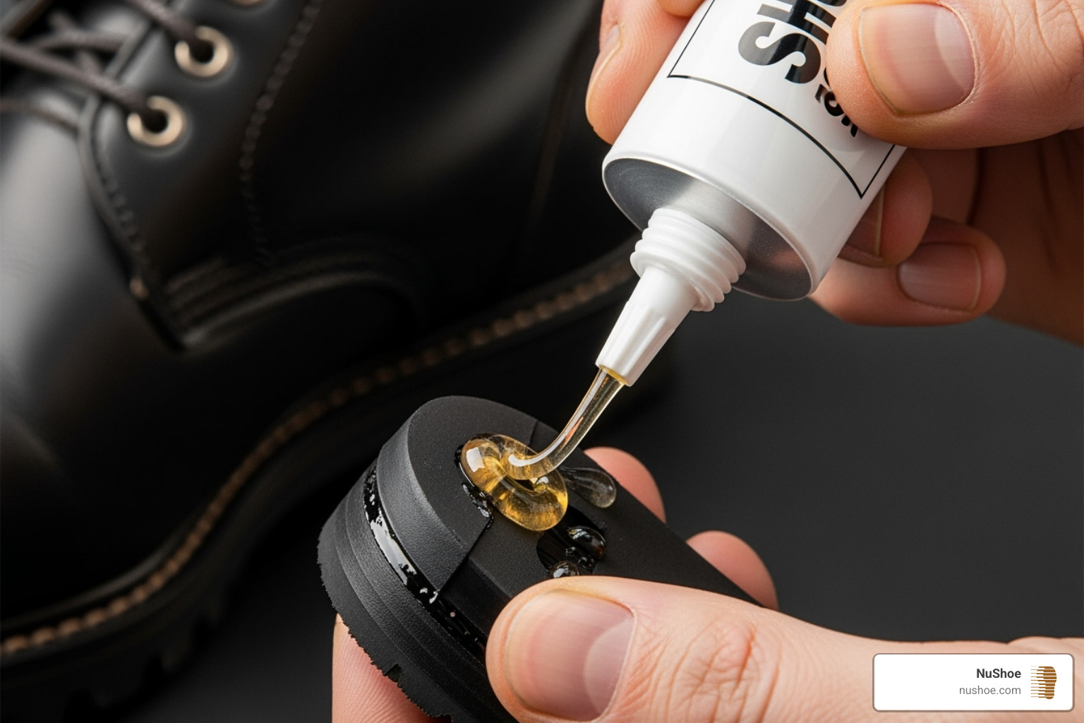 illustrating the process of applying adhesive to a new heel cap - boot heels repair