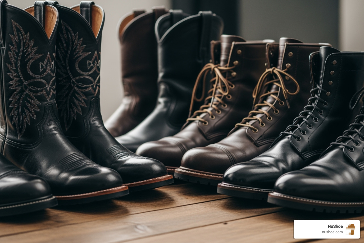 various boot styles like cowboy boots, work boots, and dress boots - boot heels repair
