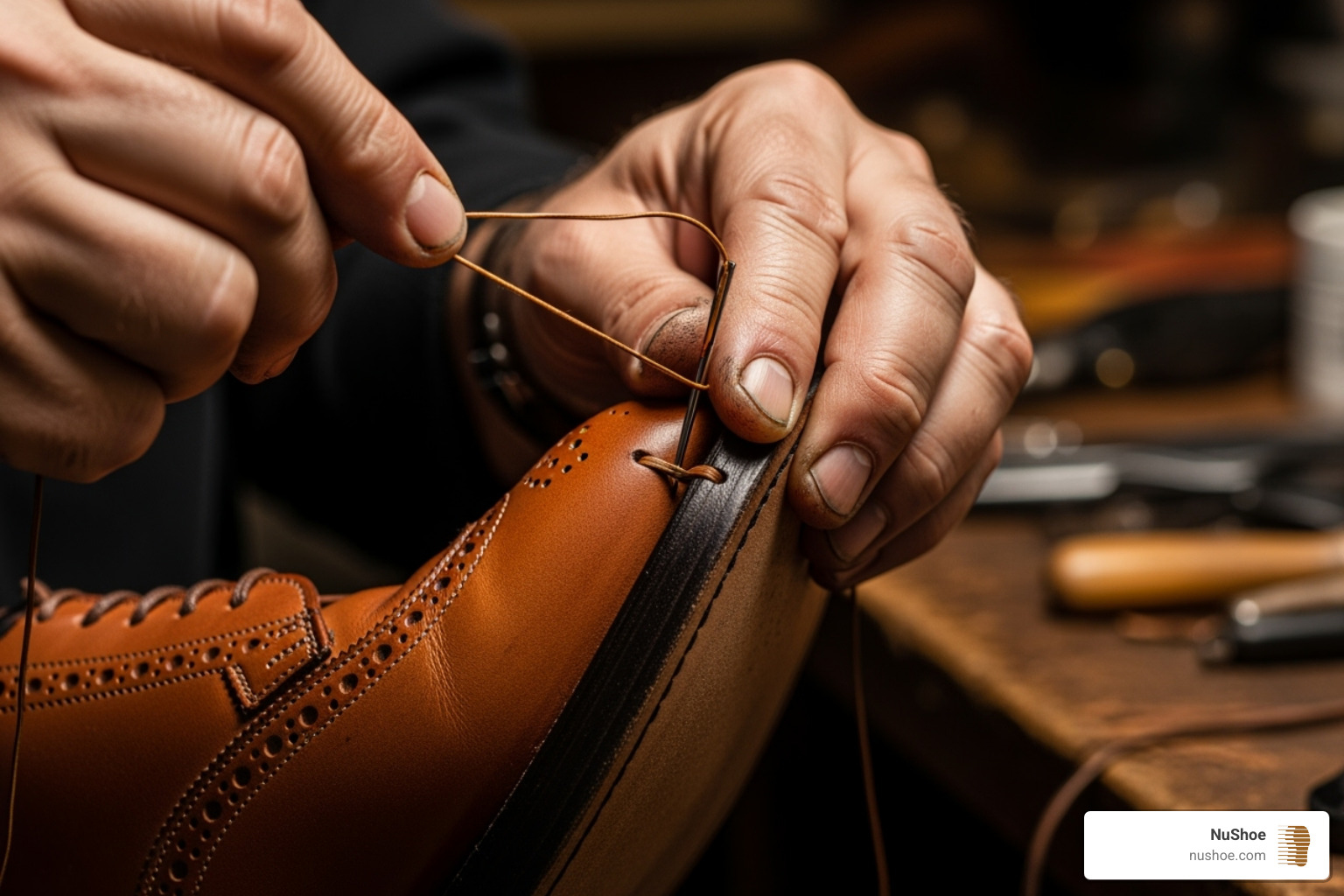 cobbler's hands carefully stitching a shoe sole - california cobbler's shoe repair