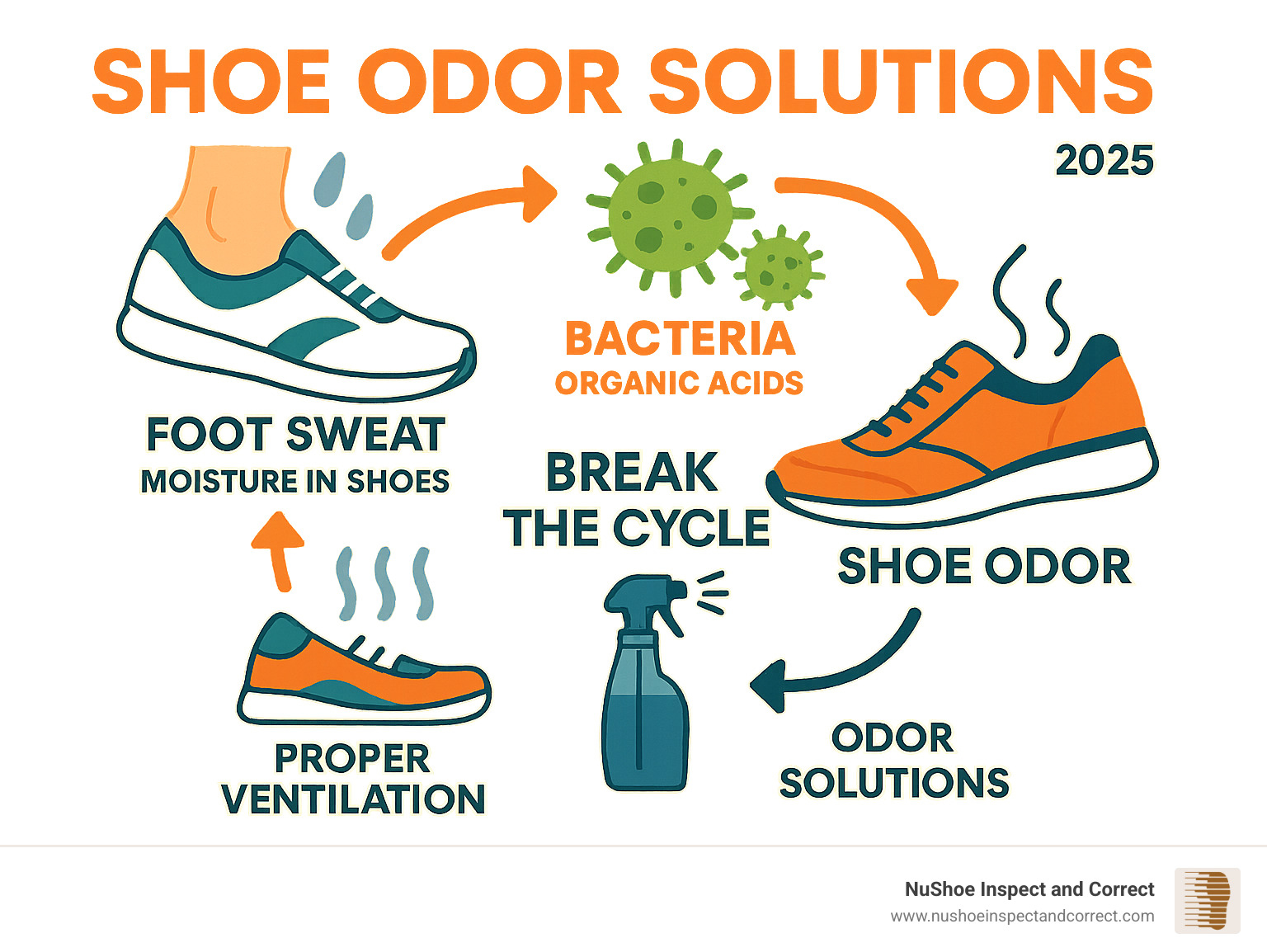 Infographic showing the cycle of foot sweat creating moisture in shoes, bacteria feeding on trapped sweat and producing organic acids, and resulting shoe odor, with arrows indicating how proper ventilation and odor solutions can break this cycle - shoe odor solutions infographic Infographic showing the cycle of foot sweat creating moisture in shoes, bacteria feeding on trapped sweat and producing organic acids, and resulting shoe odor, with arrows indicating how proper ventilation and odor solutions can break this cycle - shoe odor solutions infographic