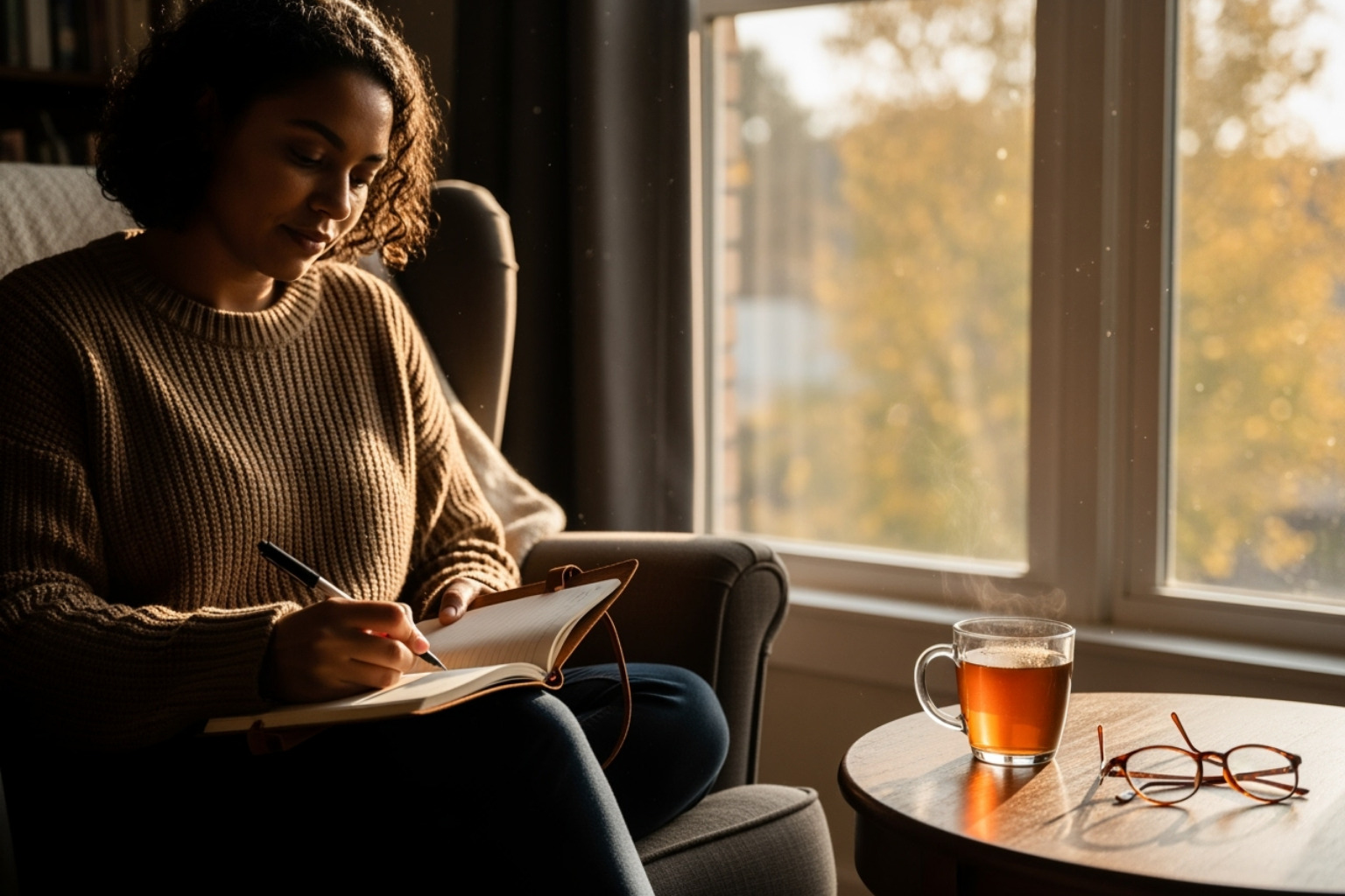 person journaling by a window - Holistic wellness tips