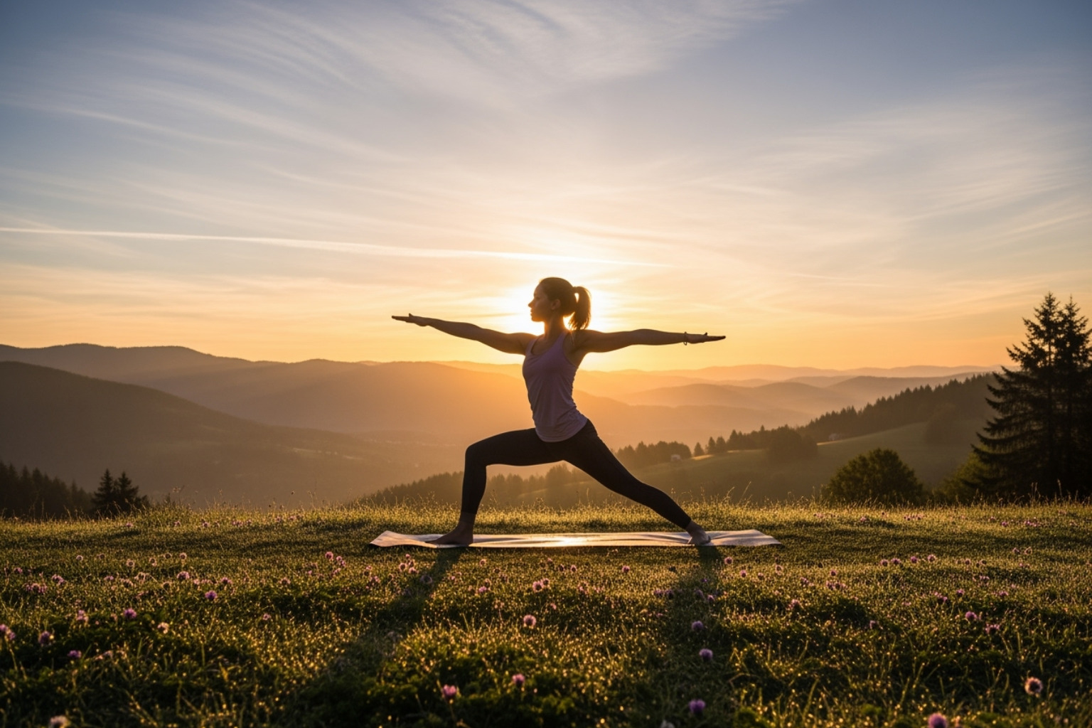 person practicing yoga at sunrise - Holistic wellness tips