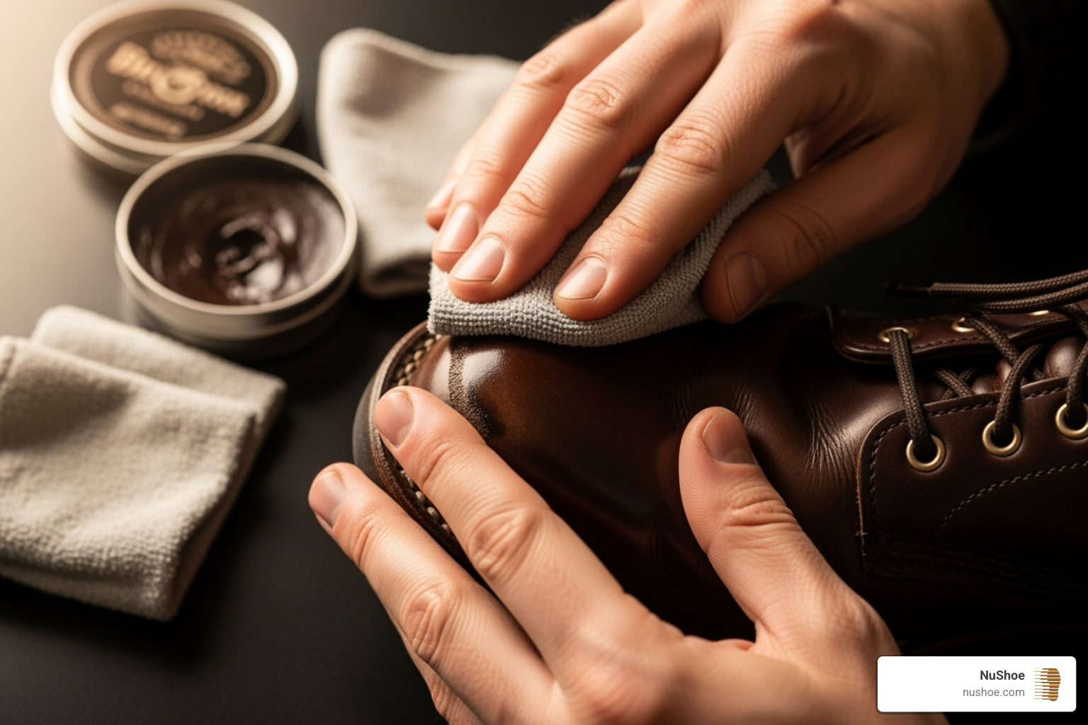 hands applying polish - Leather boot repair hands applying polish - Leather boot repair