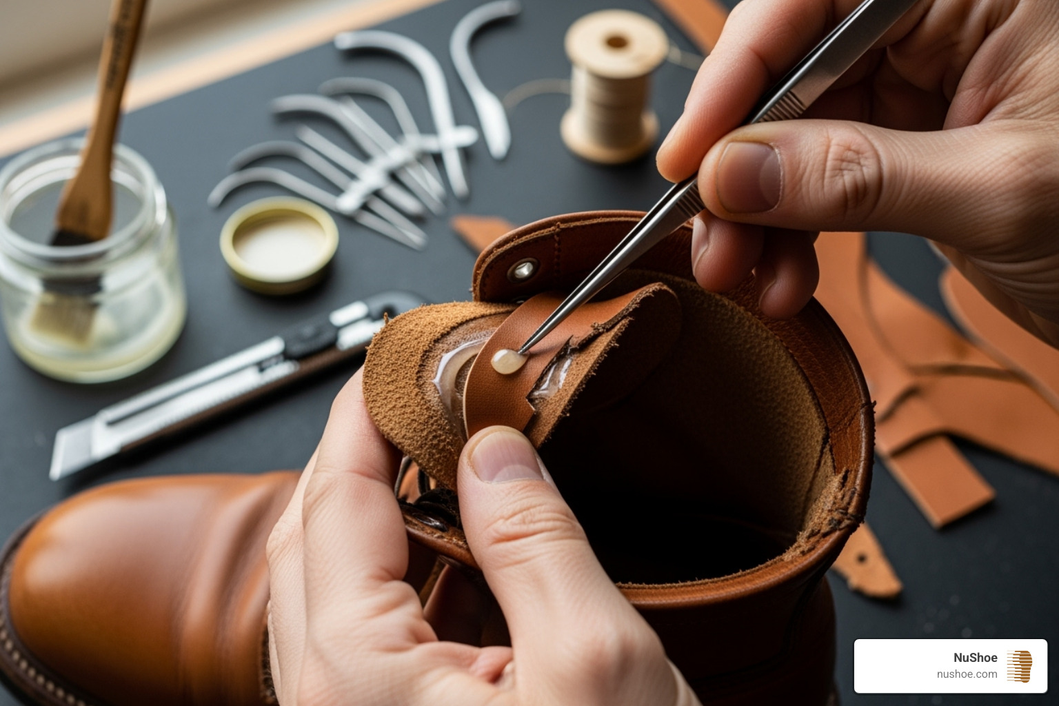 NuShoe technician placing a leather patch - Leather boot repair NuShoe technician placing a leather patch - Leather boot repair