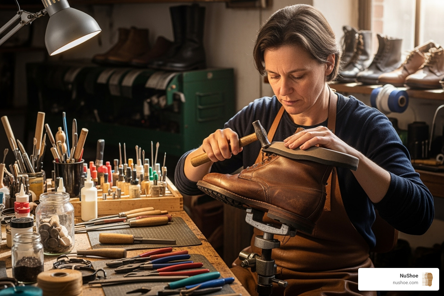 NuShoe cobbler working on a complex sole replacement - Leather boot repair NuShoe cobbler working on a complex sole replacement - Leather boot repair