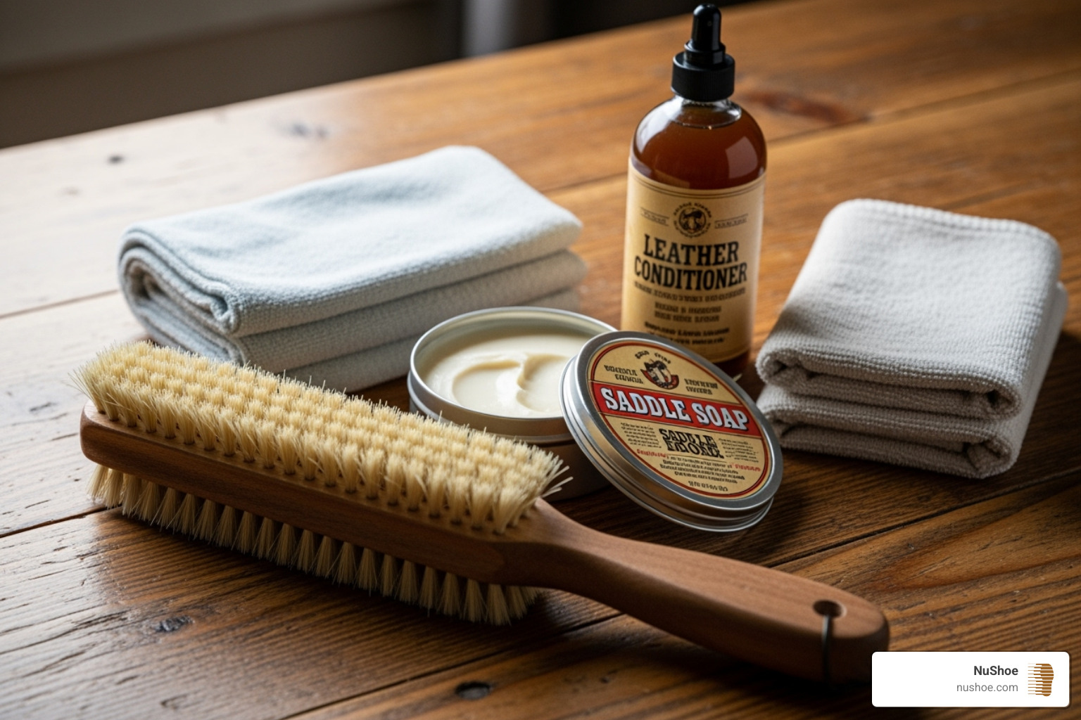 essential boot cleaning supplies arranged neatly - cowboy boot cleaning