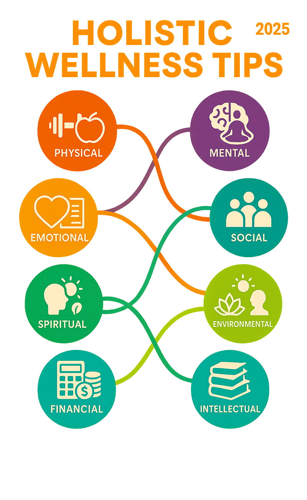 Infographic showing the 8 interconnected dimensions of holistic wellness: Physical health with exercise and nutrition icons, Mental health with brain and meditation symbols, Emotional health with heart and journal icons, Social health with people connecting, Spiritual health with nature and mindfulness symbols, Environmental health with clean air and green spaces, Financial health with budgeting icons, and Intellectual health with books and learning symbols, all connected by flowing lines to show their interconnectedness - Holistic wellness tips infographic 