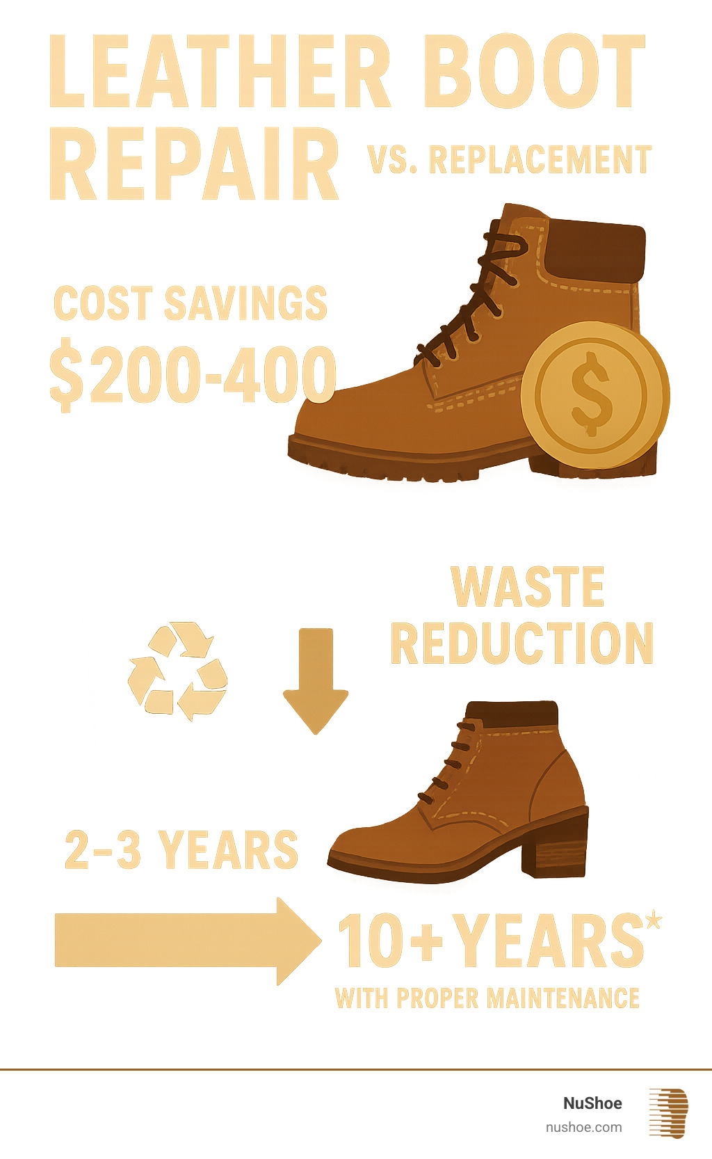 Infographic showing the environmental and financial benefits of leather boot repair versus replacement, including cost savings of $200-400 per pair, reduction in landfill waste, and extension of boot lifespan from 2-3 years to 10+ years with proper NuShoe maintenance and repair services - Leather boot repair infographic Infographic showing the environmental and financial benefits of leather boot repair versus replacement, including cost savings of $200-400 per pair, reduction in landfill waste, and extension of boot lifespan from 2-3 years to 10+ years with proper NuShoe maintenance and repair services - Leather boot repair infographic