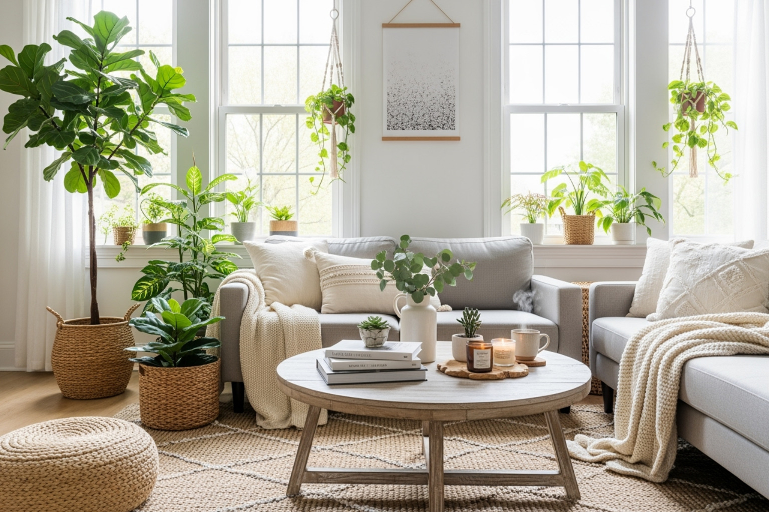 A beautifully organized and serene living space with lush green plants, promoting environmental self-care and a sense of calm - self care activities