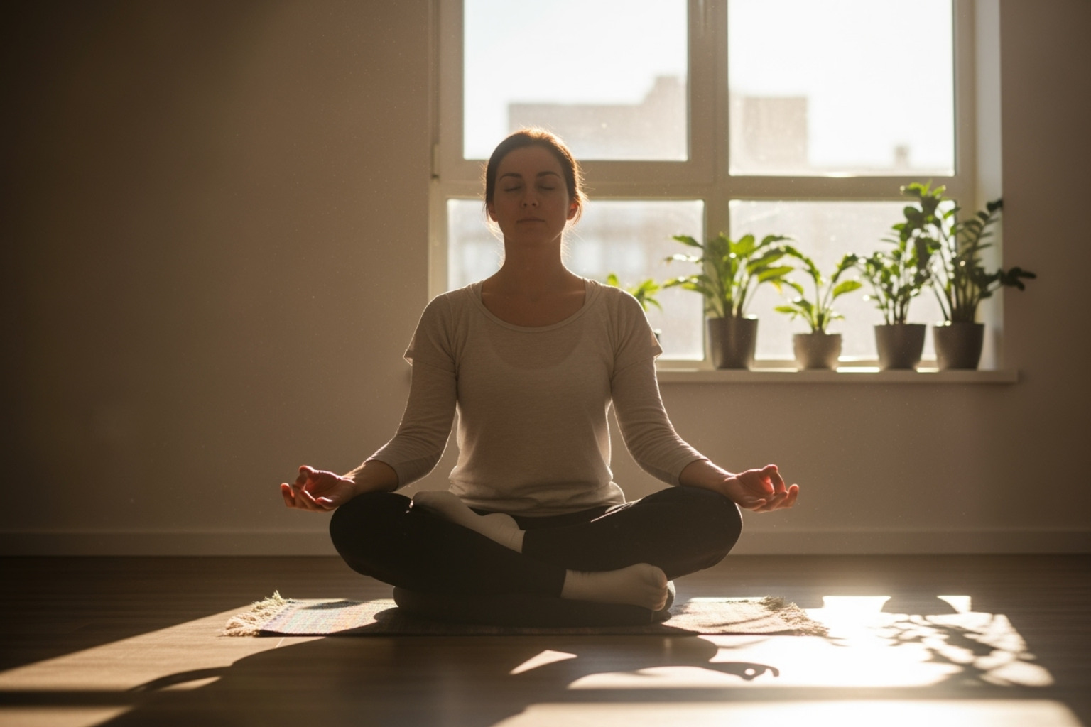 A person meditating peacefully in a sunlit room, symbolizing mental tranquility and self-reflection - self care activities