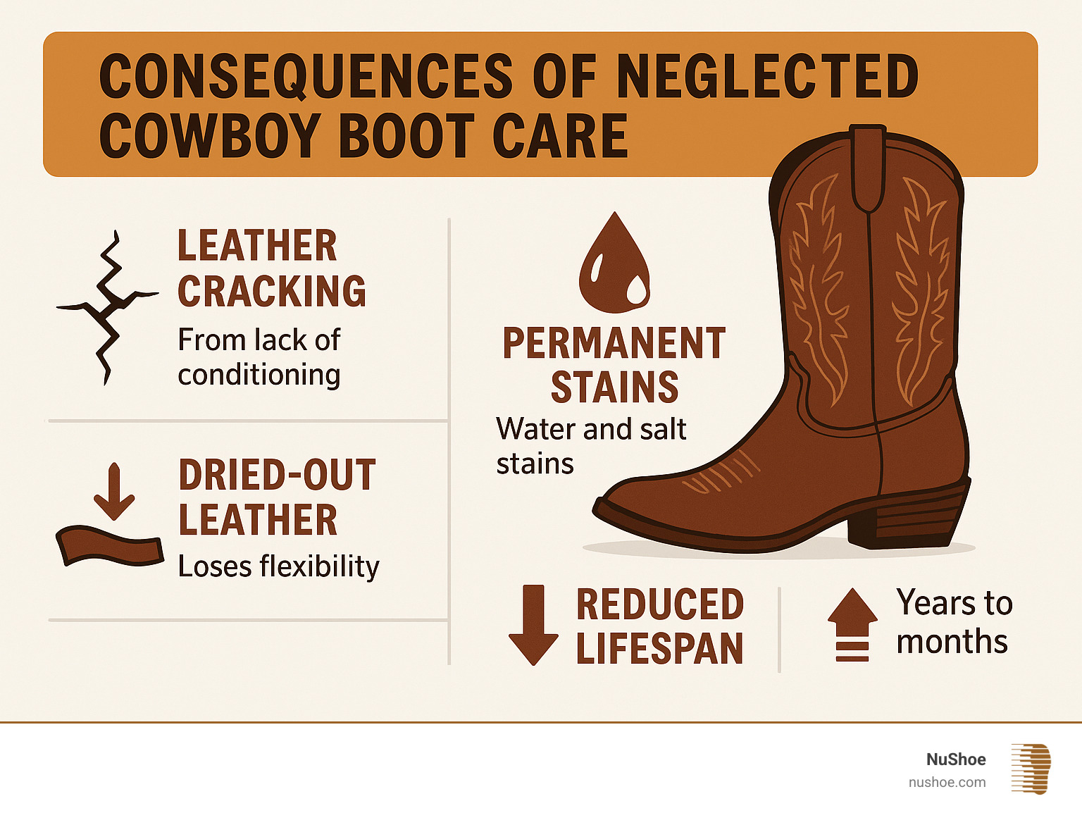 Infographic showing the consequences of neglected cowboy boot care: leather cracking from lack of conditioning, permanent water and salt stains, dried-out leather losing flexibility, and dramatically reduced boot lifespan from years to months - cowboy boot cleaning infographic 