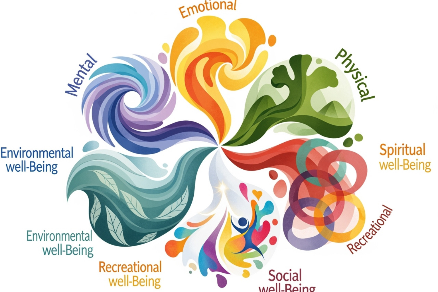 Diagram illustrating the interconnected pillars of self-care, including mental, emotional, physical, social, spiritual, recreational, and environmental well-being - self care activities