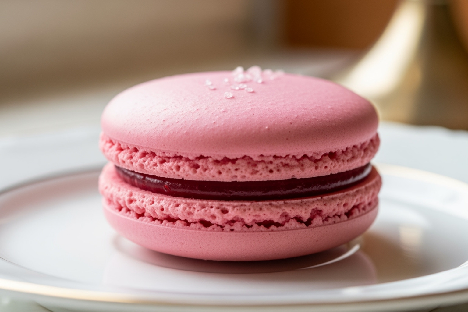 A close-up of a perfectly crafted single macaron on a small plate, emphasizing the 'little luxury' concept - 2024 food trends usa