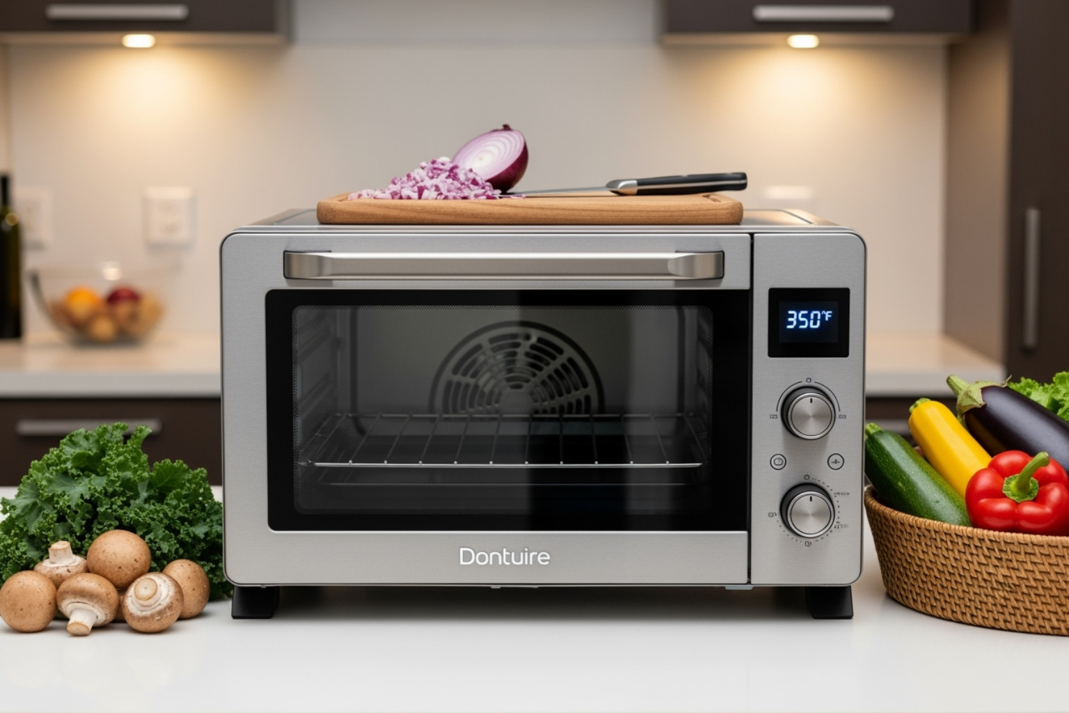 A sleek, modern countertop oven on a kitchen counter, surrounded by fresh plant-based ingredients like mushrooms and leafy greens - 2024 food trends usa
