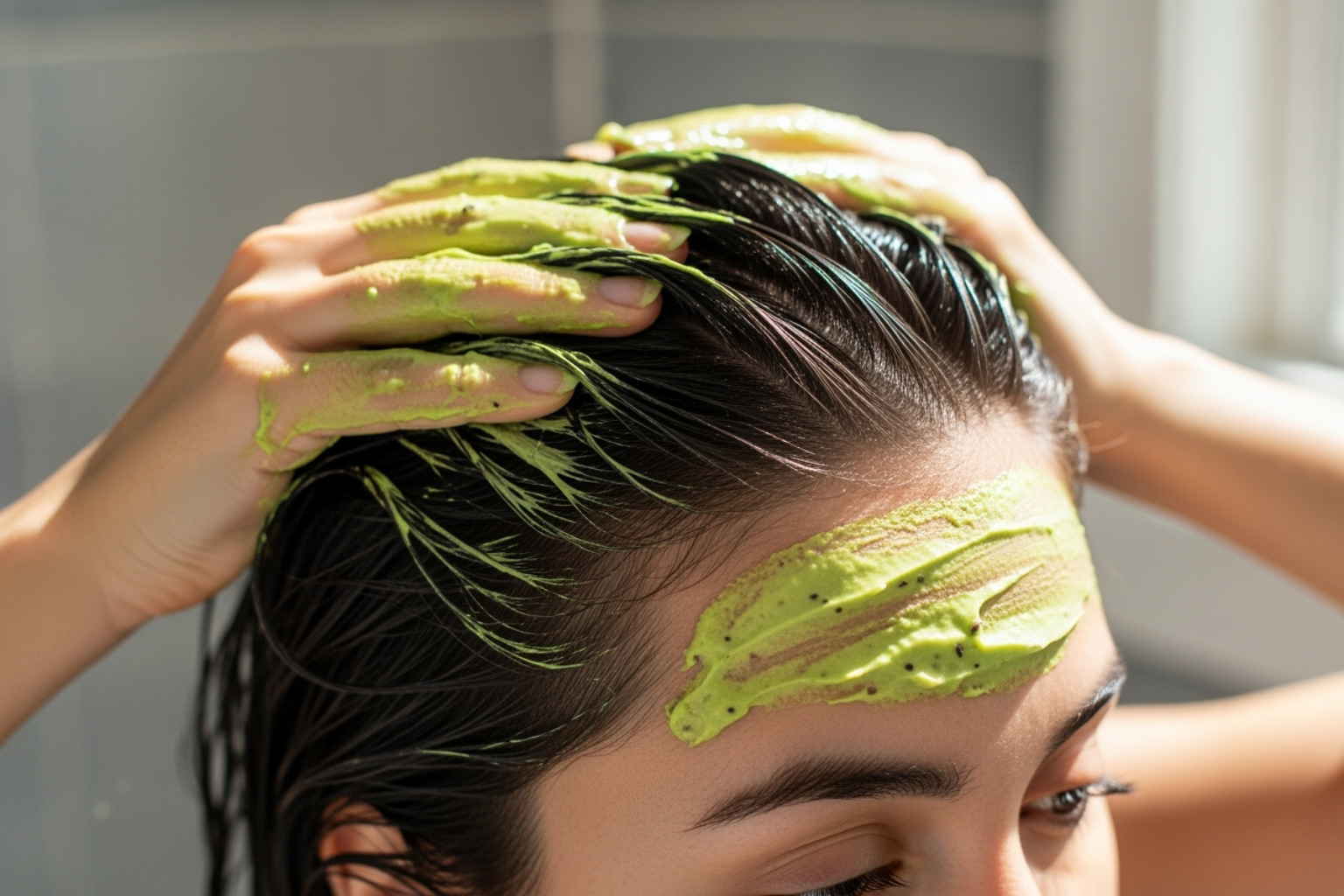 Person applying avocado hair mask to their hair - DIY natural beauty