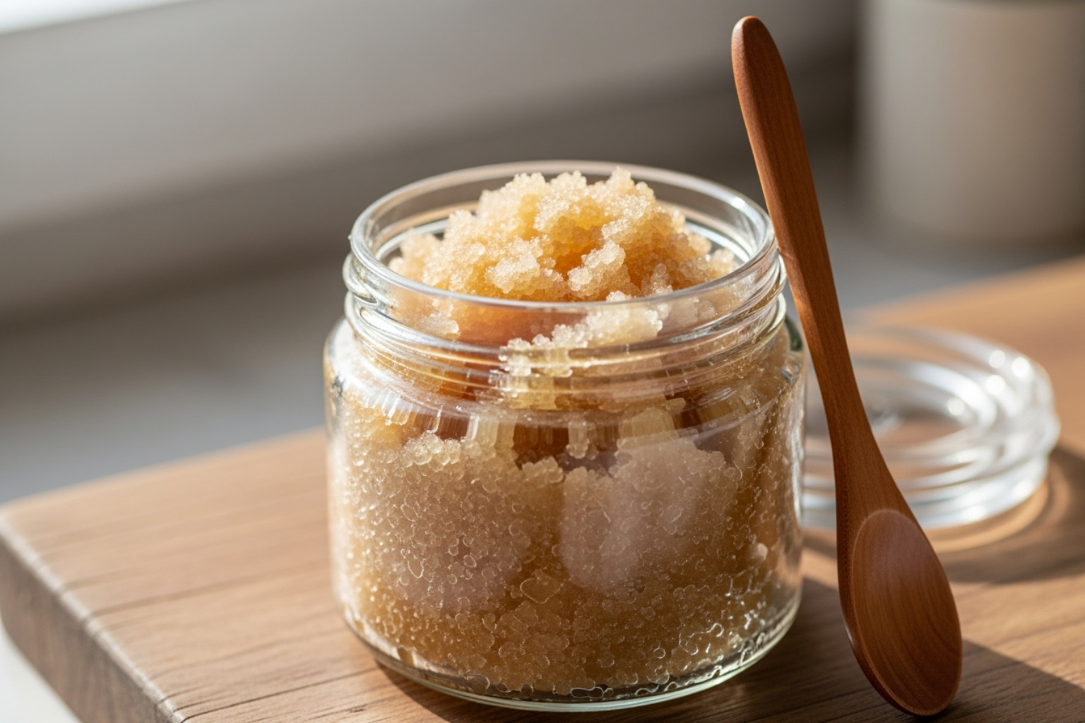 Finished sugar scrub in a glass jar with a small wooden spoon - DIY natural beauty