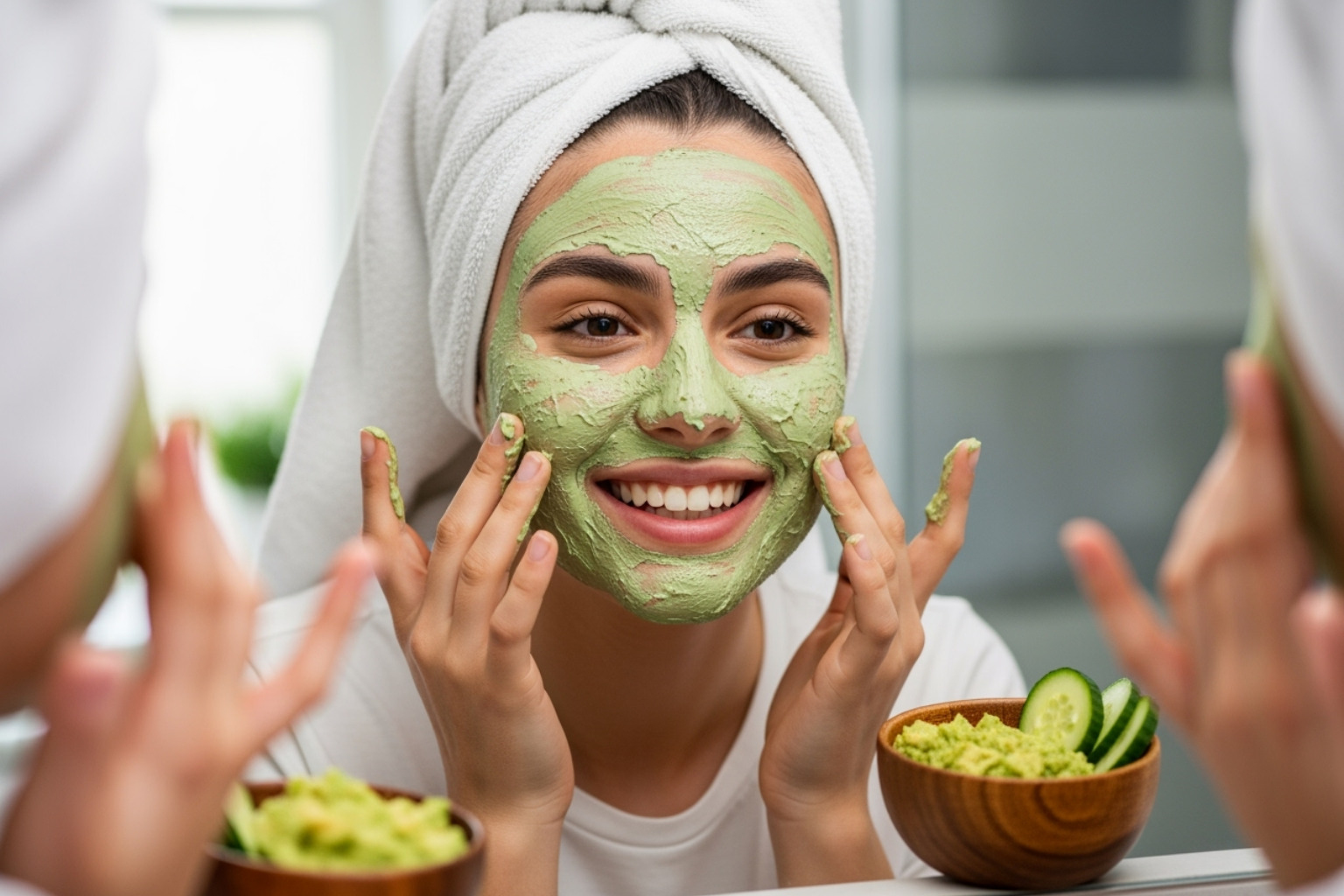 Person smiling and applying a homemade face mask - DIY natural beauty
