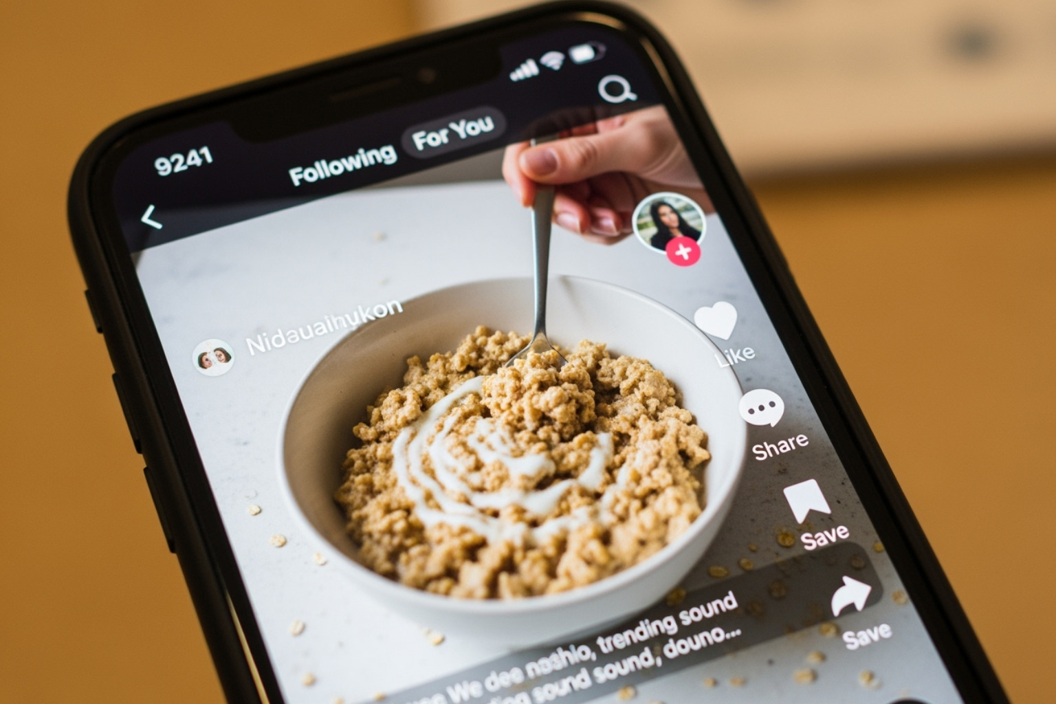 A smartphone screen showing a TikTok video of scrambled oatmeal being made - 2024 food trends usa